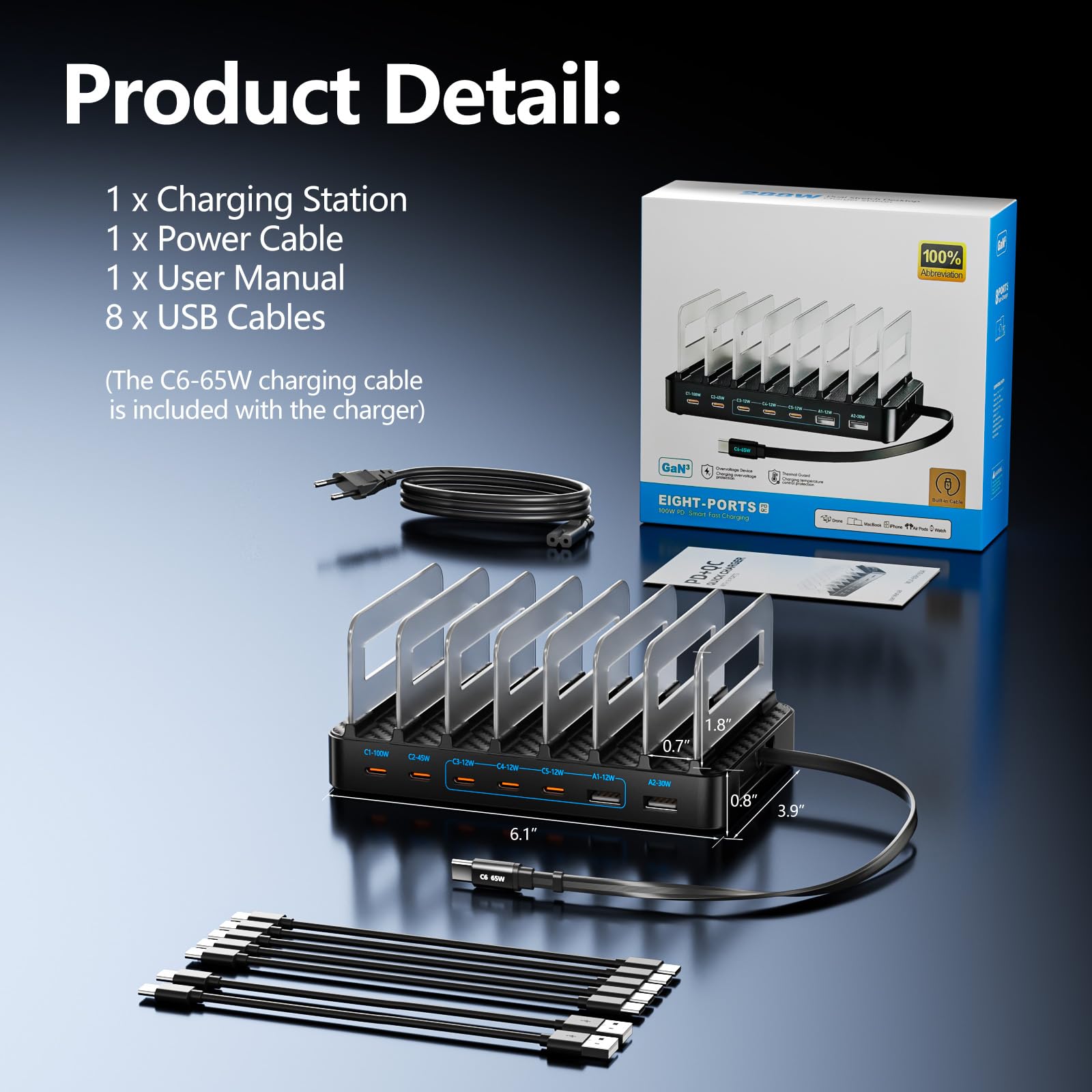Station de Recharge USB 288W pour Plusieurs appareils, GaN PD 100W, 8 Ports USB-C, avec séparateurs réglables et 8 câbles, pour iPhone, iPad, Samsung, MacBook Pro/Air, Tablettes