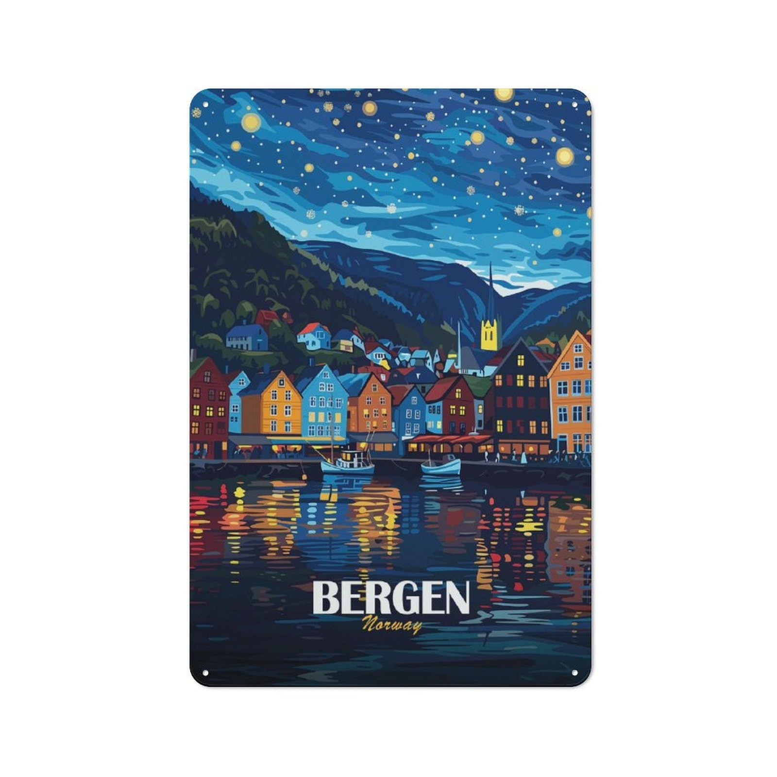Retro Metal Wall Plaque 30x20cm Featuring Bergen Norway Nightscape Illustration, Room Wall Plaque for Hallway, Home Bar, Garage Or Study