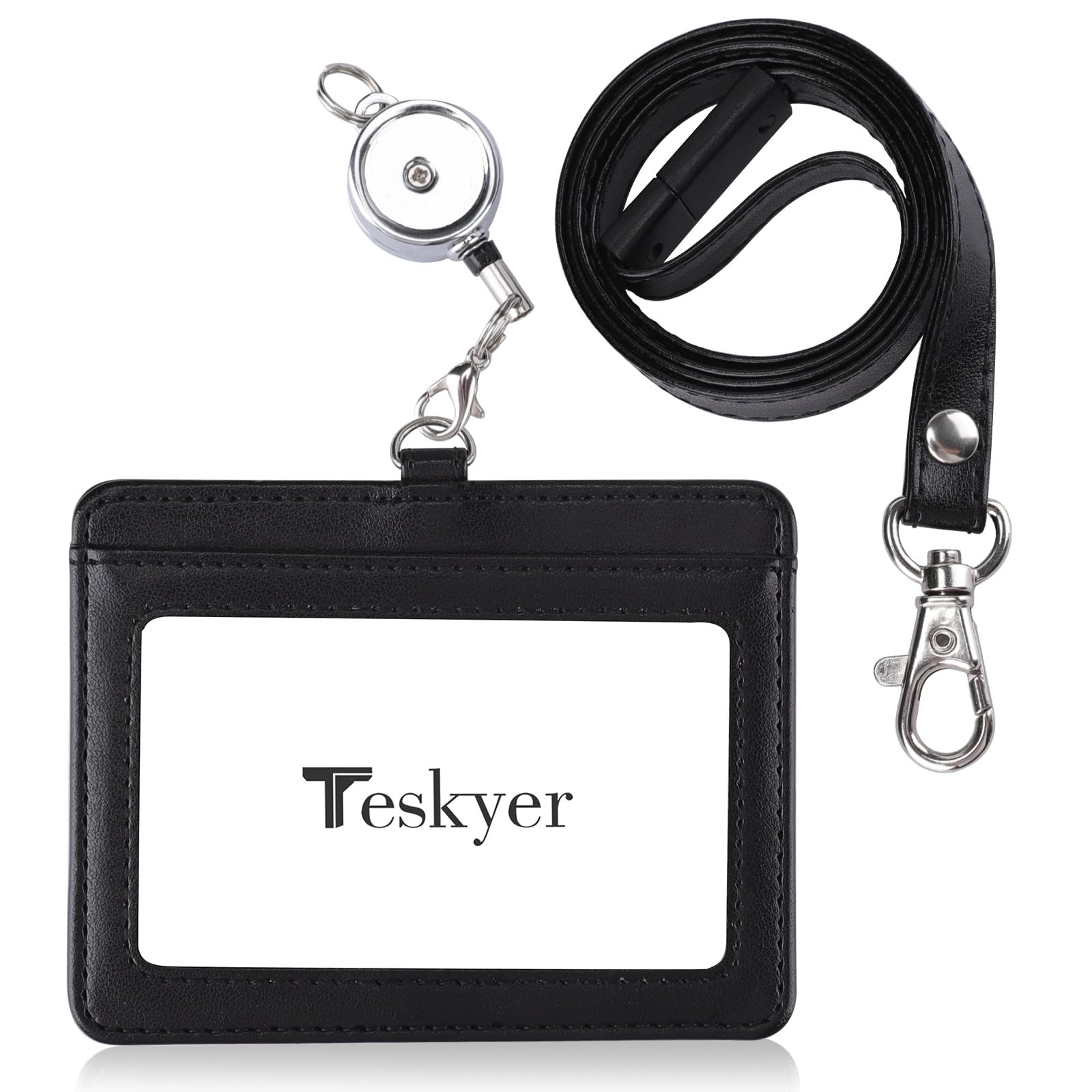 Teskyer IDカードホルダー リール 横型 社員証ケース 首掛け 分離バックル 両面収納 PUレザー ネームホルダー 通勤 ビジネス ブラック