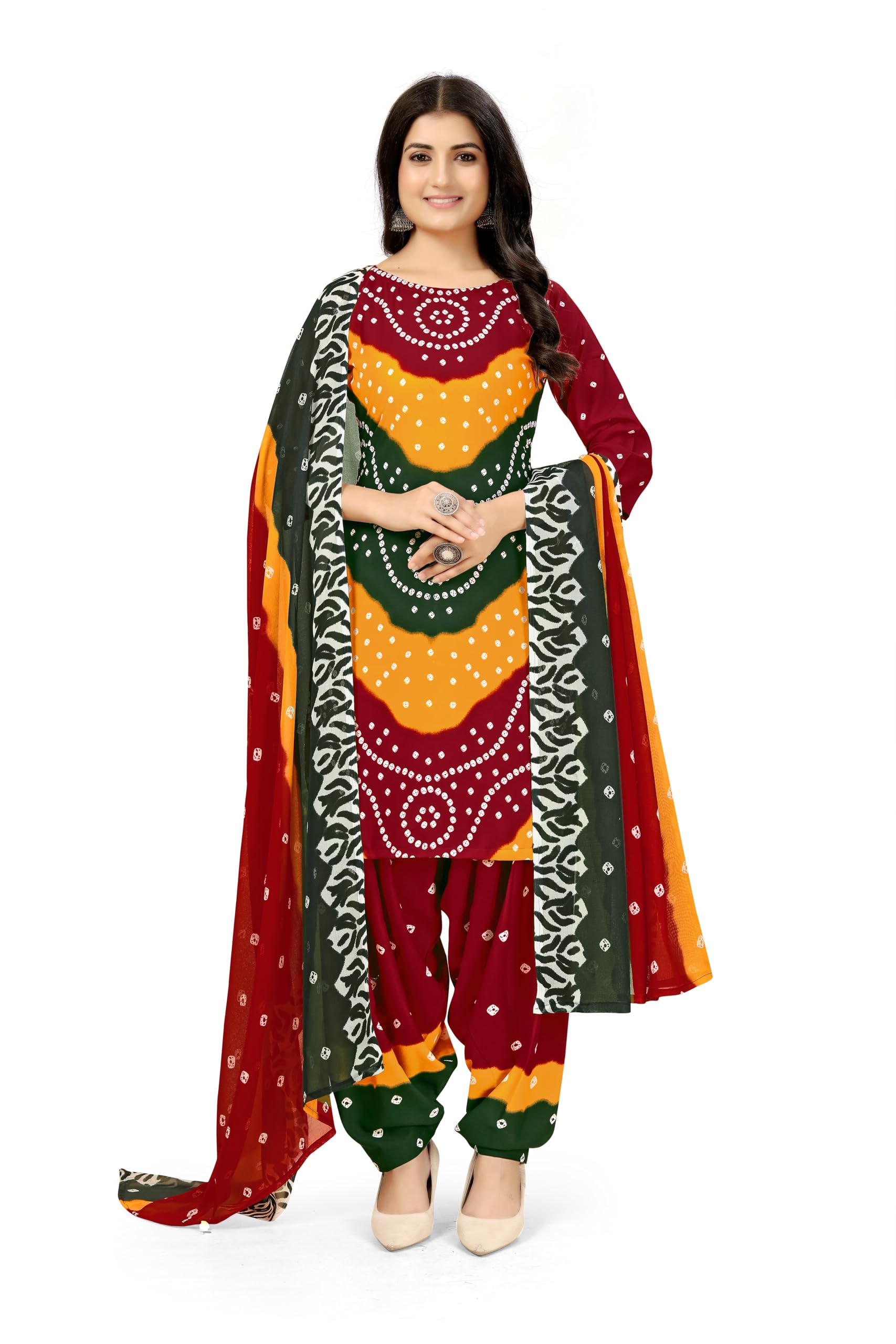 Women's Bandhani Printed Unstitched Rayon Crepe Salwar Suit Material