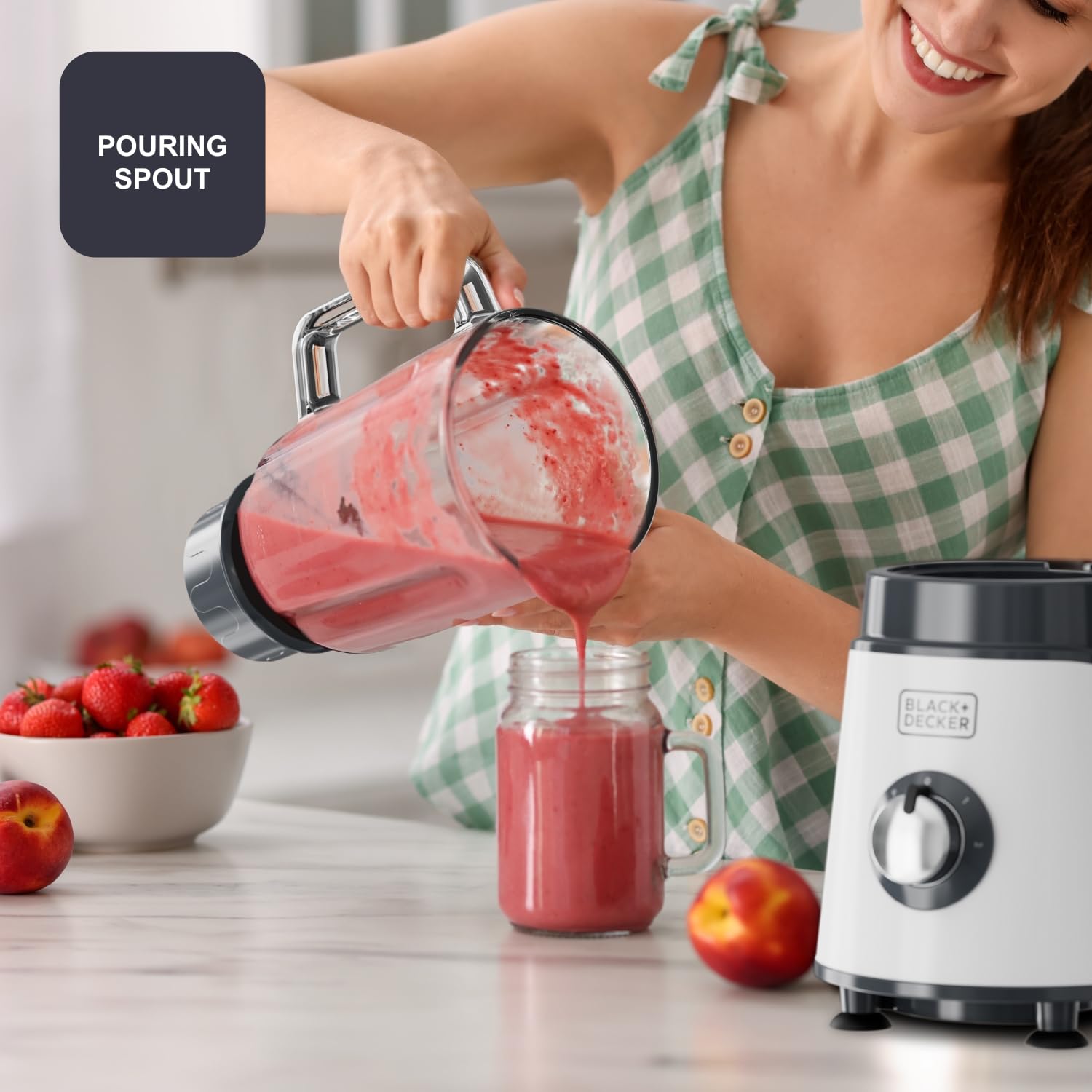 BLACK+DECKER - Batidora de Vaso BXJB1002E 1000W | Jarra Cristal 1,5L | Cuchillas Desmontables Acero Inox 4 Filos | Pica Hielo | 2 Velocidades + Pulse | Lavavajillas | Sistema Seguridad