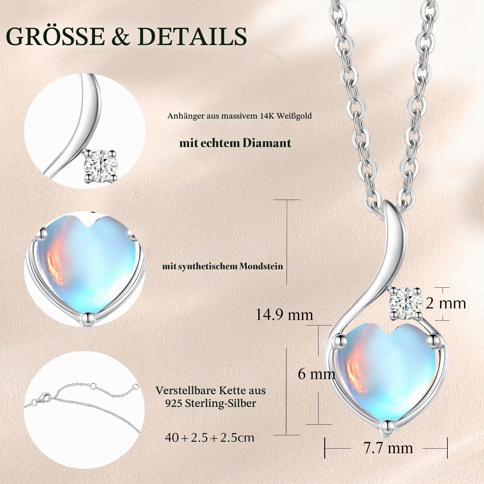 FANCIME Solide 14 Karat 585 Weiß Gold Anhänger Kette mit Herz Geburtsstein und 0.032ct echt Diamant, Feine Geschenk Schmuck für Damen Mädchen, 925 Silber Kette: 40 + 5 cm