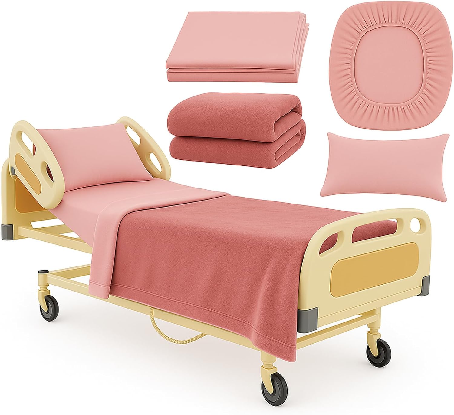 Care Bed Sheets Set 4 Pcs – 36"x80" Fitted Sheet, Flat Sheet, Pillowcase & Blanket – Twin XL Hospital Style Sheets for Home or Adjustable Beds(Pink)