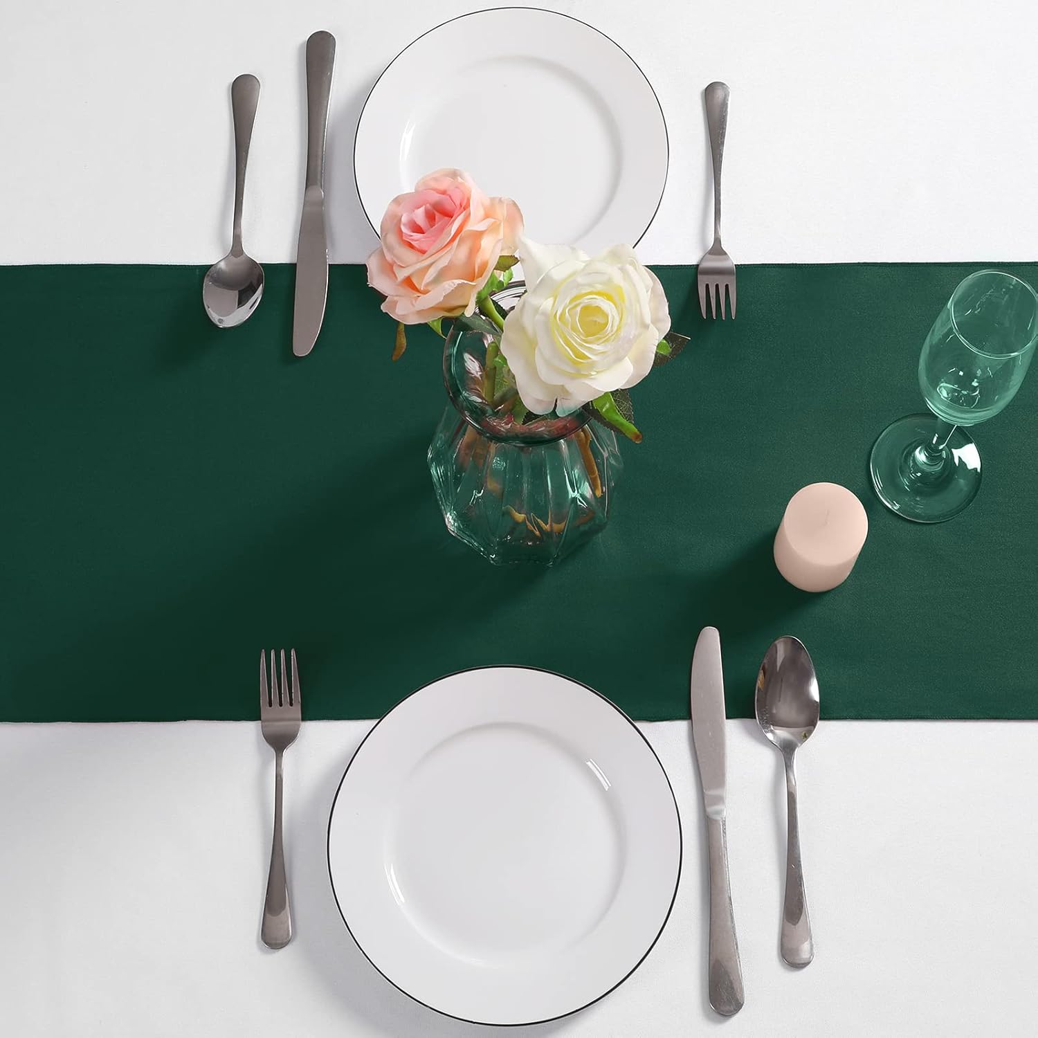 Manyshofu 24Pcs Satin Dark Green Table Runner - 12 x 108 Inch Long Size, Party Table Runner Decor Bright & Smooth Wedding Decorations Table Runners for Banquet Chef Birthday Buffet Dinner Graduations