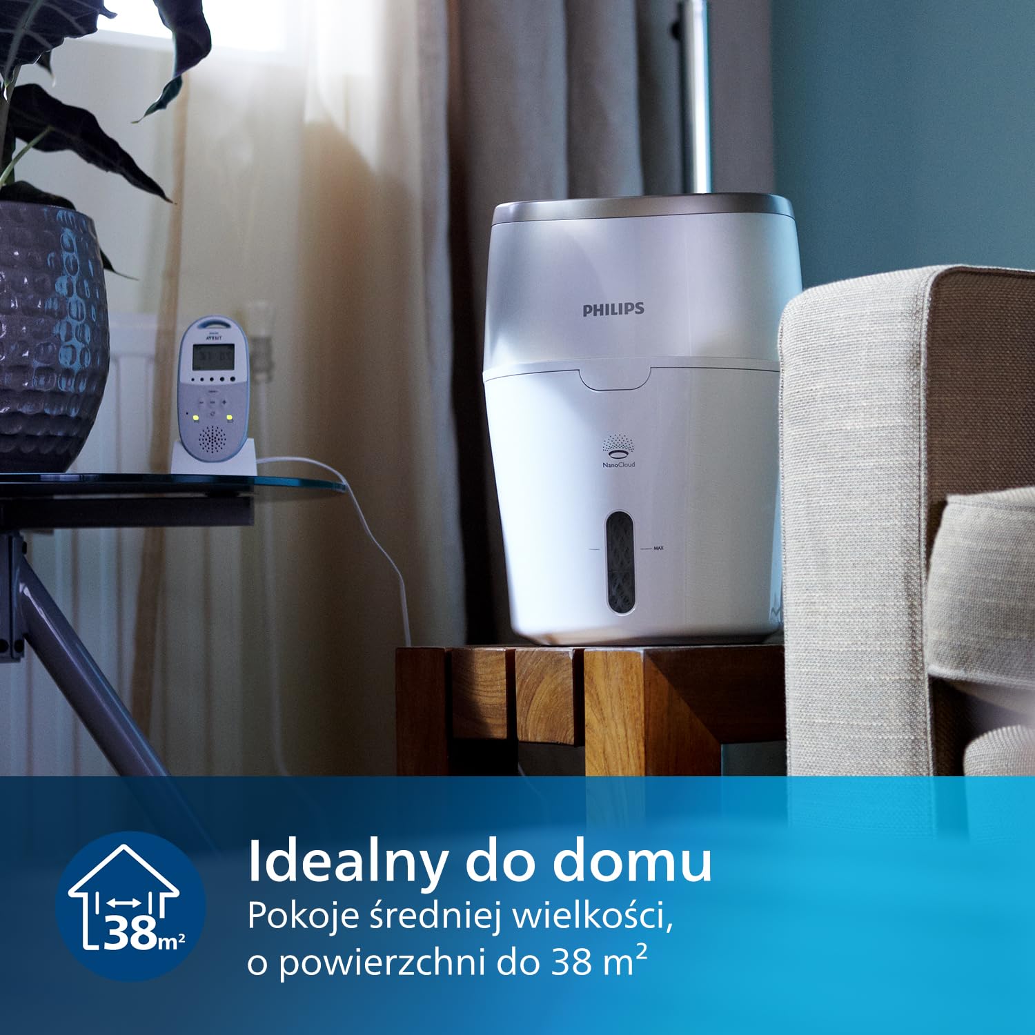 Philips Nawilżacz Powietrza Serii 2000, Nawilża Pomieszczenia do 38 m², Technologia NanoCloud, 2 Prędkości, 2l zbiornik na wodę, cichy, kolor biało/kremowy (HU4811/10)