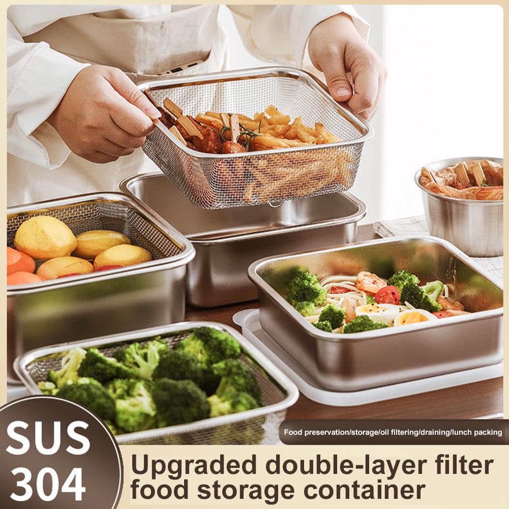 Set scolapasta in acciaio inox, 2 in 1, con coperchio, per scolare verdure, lavare riso, olio e acqua, contenitore per la preparazione degli alimenti