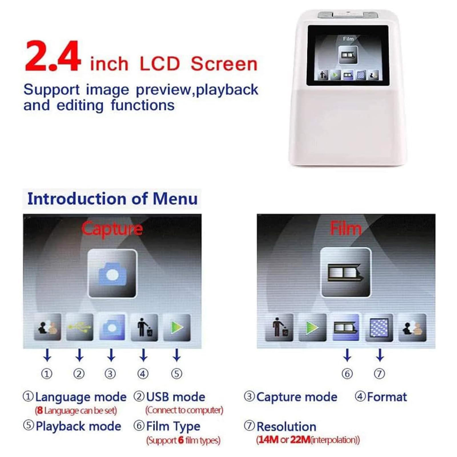 Scanner de films et de diapositives, stockage sur carte SD 32 Go, écran LCD de 2,36 pouces, convertisseur de film diapositive 35 mm/135 mm, prend en charge l'édition et la lecture