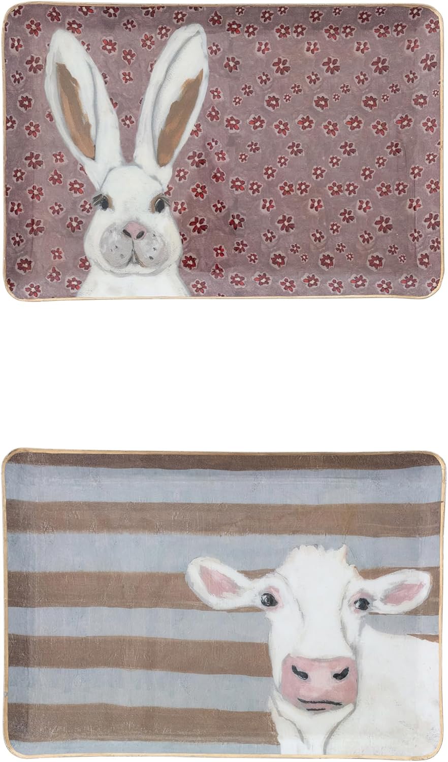 Creative Co-Op 2-Piece Enameled Metal Trays with Patterns, Animal Images and Gold Edges, Multicolor