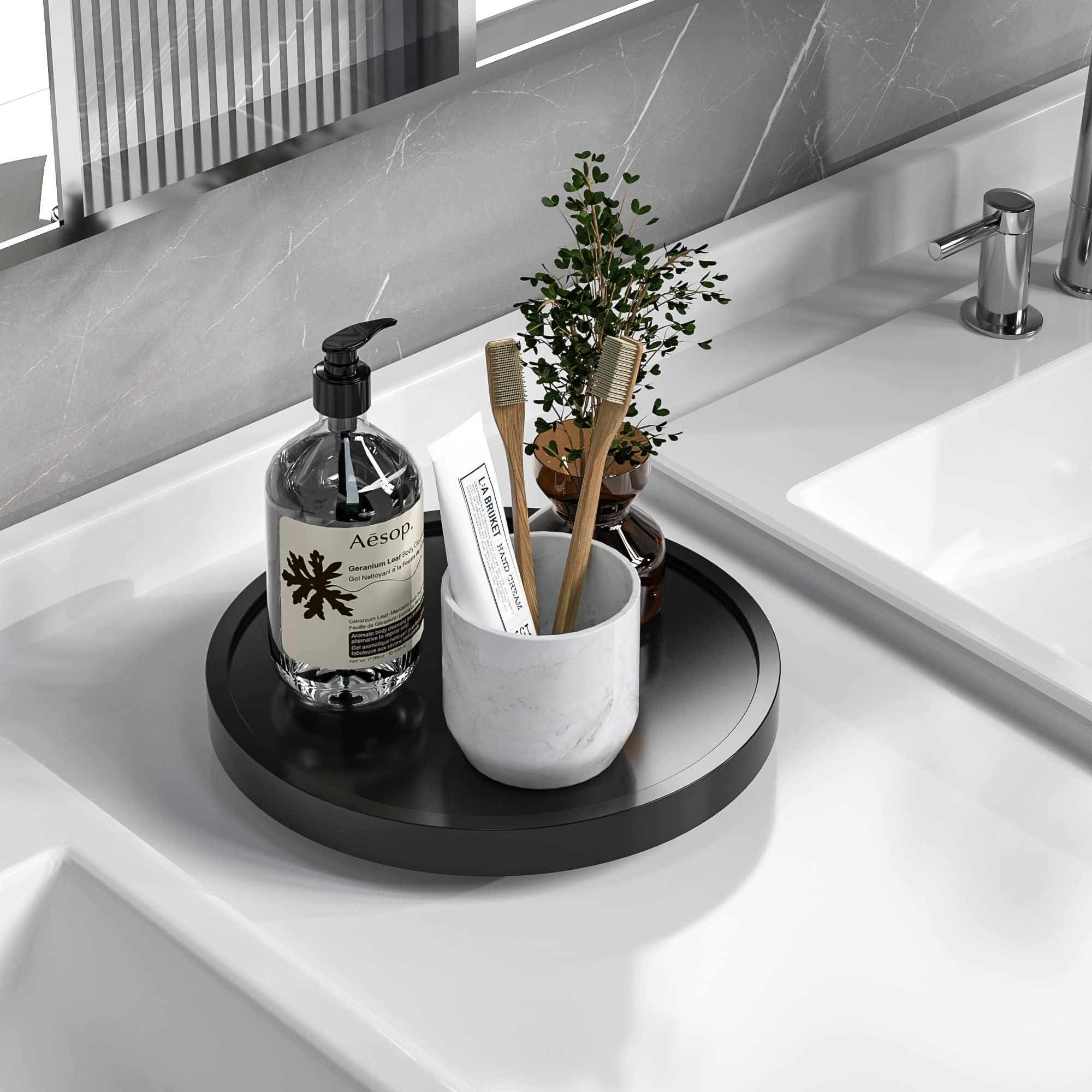 Turntable Vanity Tray 9 Inch for Perfume Candle, Bamboo Kitchen Sink Countertop Organizer for Keep Glass, Sponge and Soap Bathroom Countertop Organizer Black