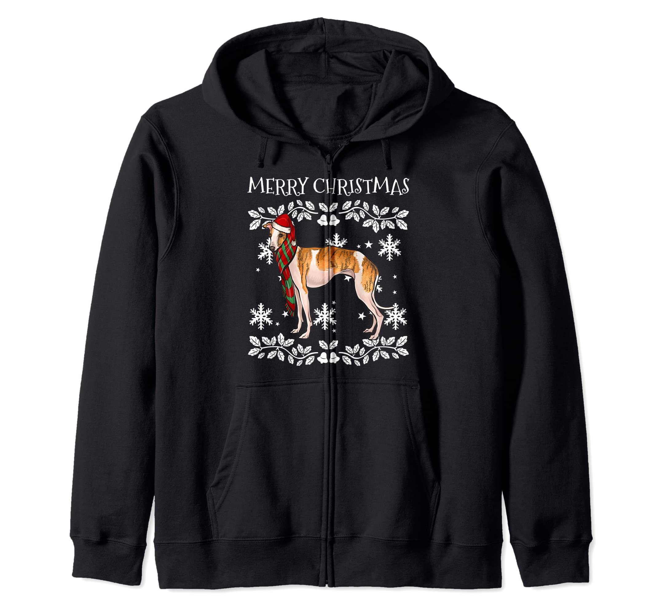 Merry Christmas Ornament Whippet Xmas Santa Zip Hoodie, Black