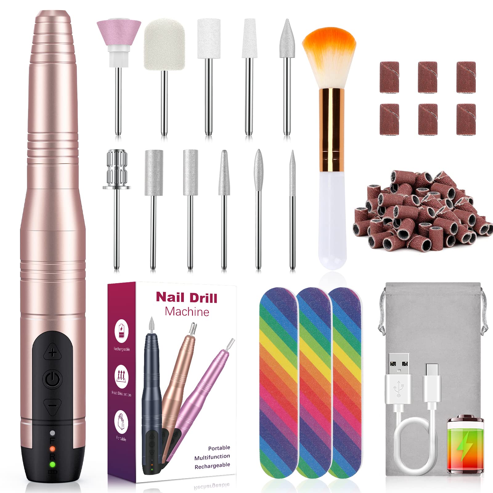 CAVN Cordless Nail Drill, Portable Rechargeable Electric Nail Files Professional Electric Nail Drill Machine File Set for Acrylic Gel Nails, Manicure Pedicure Polishing