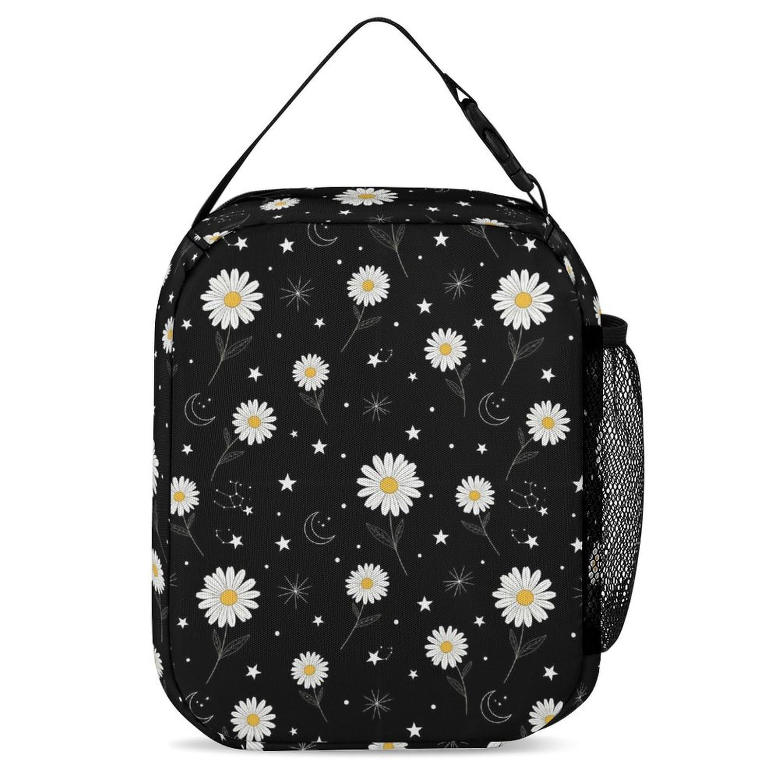 Ensemble sac à dos à motif marguerite soleil et lune avec boîte à lunch, trousse de maquillage et accessoires de toilette.