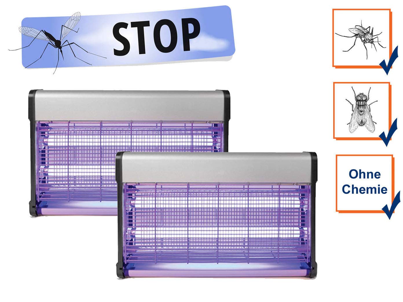 2er Set elektrische Stechmückenfallen Insektenvernichter mit UV Licht 2x 15W, Lampen für Räume jeweils 100m²
