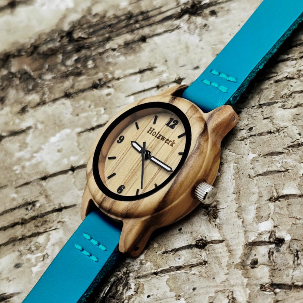 Holzwerk Germany Handgefertigte Kleine Öko Damen-Uhr Öko Natur Holz-Uhr Leder Armband-Uhr Analog Klassisch Quarz-Uhr in Schwarz Braun Rot Blau Türkis