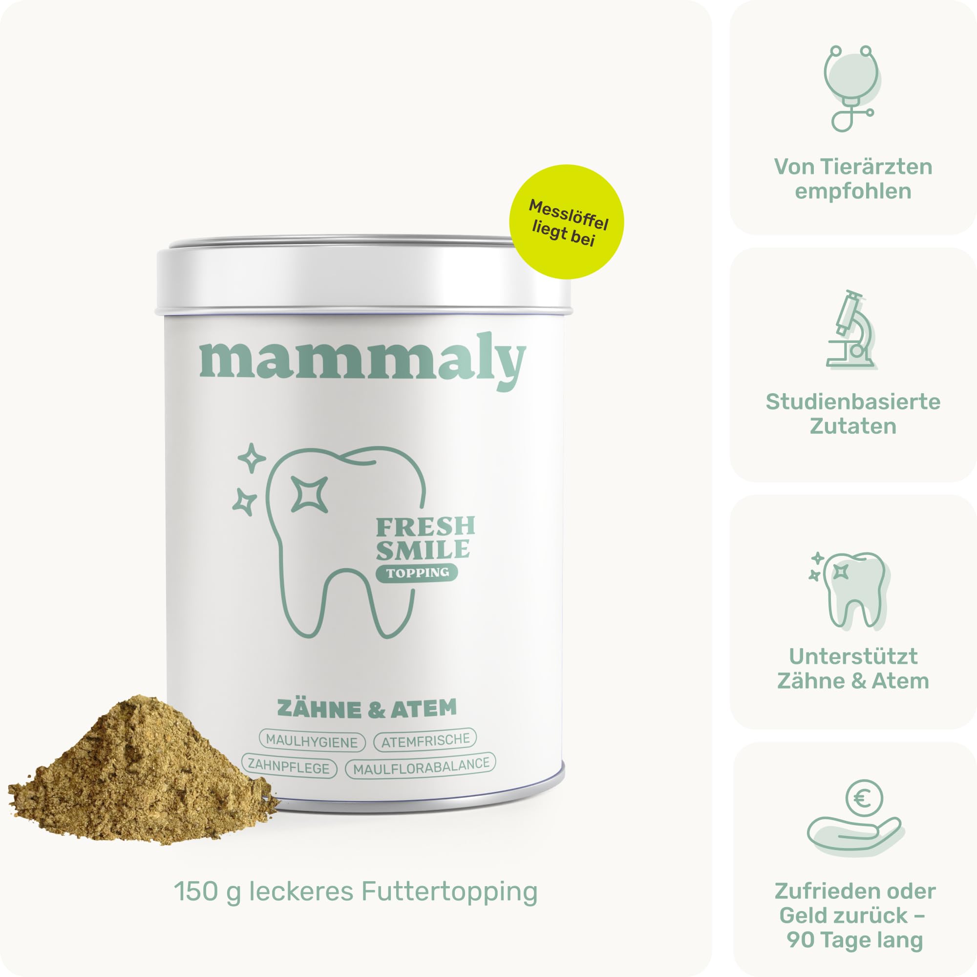 mammaly Dental Pulver für Hunde - Fresh Smile Futtertopping 150g - Reguliert Zahnstein als Zahnsteinentferner - Zahnpulver für Zahnpflege und Mundgeruch - Bis 2 Monate Reichweite inkl. Messlöffel