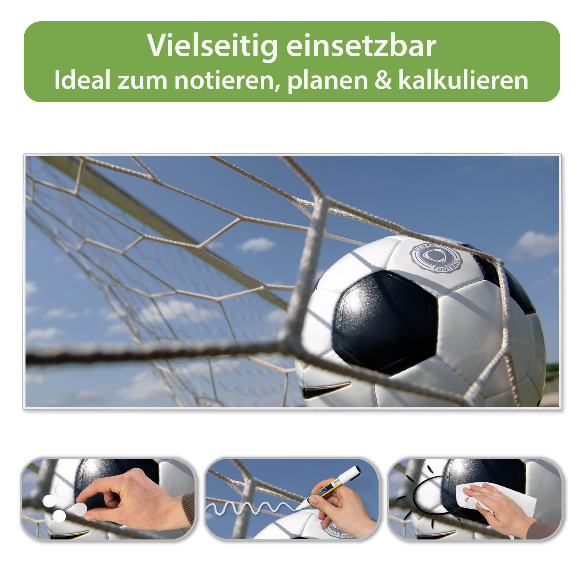 banjado Magnettafel Metall 78 x 37cm - beschreibbare Magnettafel - Metall Pinnwand als Memoboard - Magnetwand Küche, Büro, Kinderzimmer Weiß inkl. 4 Magnete & Montageset - Motiv Fußball