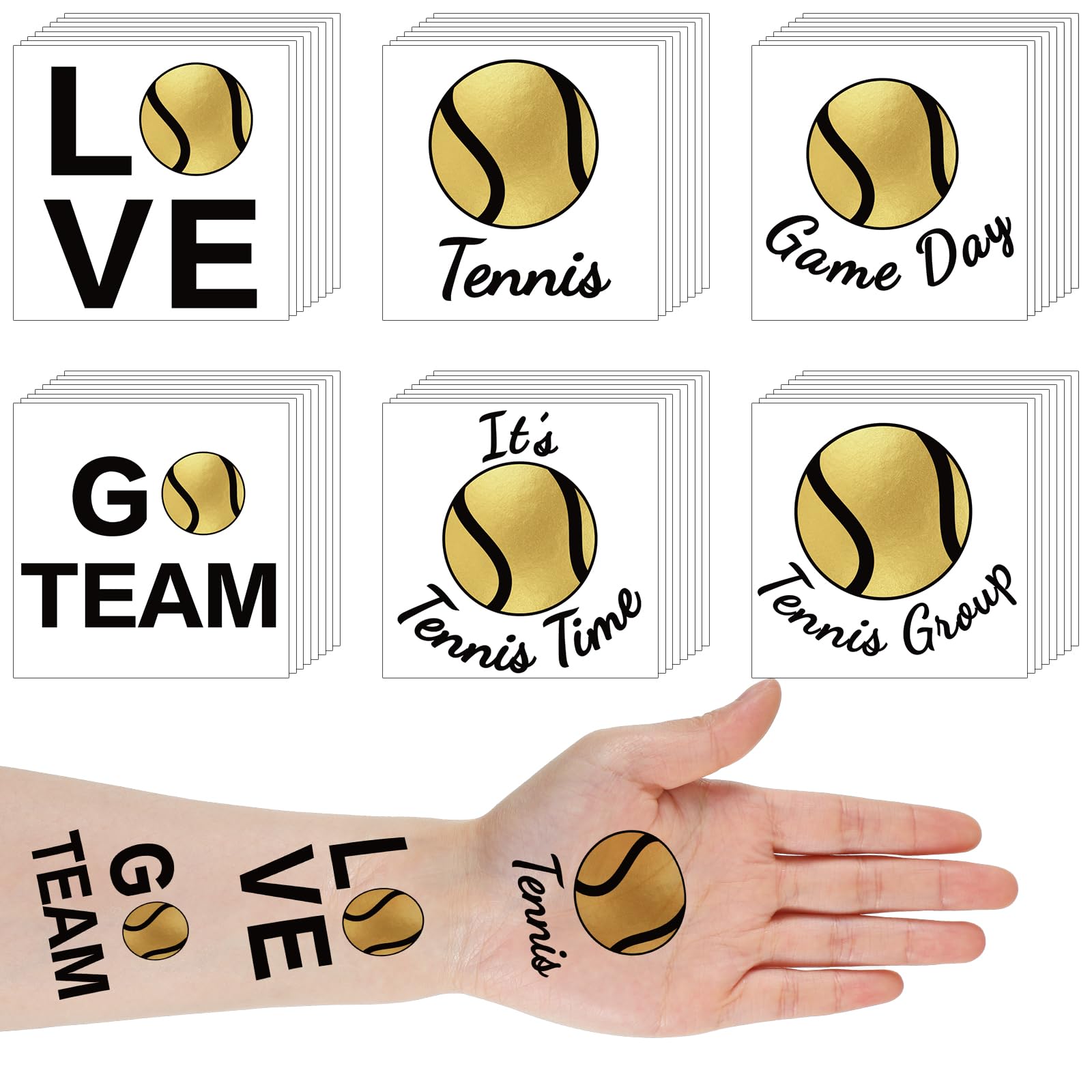 WILLBOND 120 Pcs Tennis Temporary Tattoos for Team Tennis Face Tattoos Tennis Team Gift Sports Waterproof Body Stickers Gold Tattoo for Fans Team Party Favor Supplies, 6 Styles