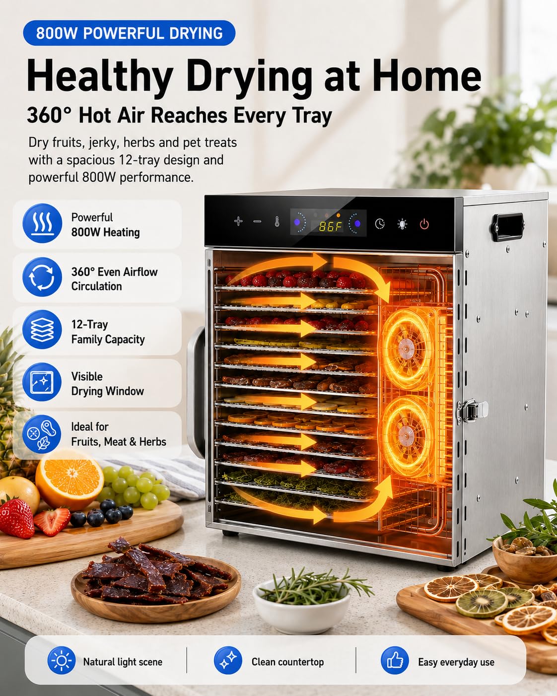 Essiccatore Per Alimenti Con 12 Vassoi In Acciaio Inox E Luce LED
