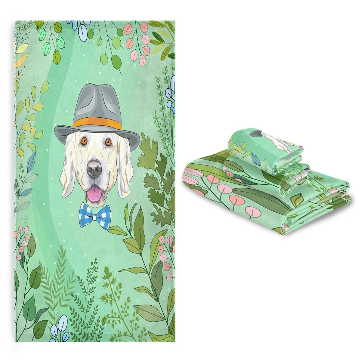 Cachorro De Perro Verde Juego de Toallas para Baño Playa 100% Algodón de Piscina Toalla (1 Toalla de Baño y 1 Toalla de Mano y 1 Paño de Lavado) para Nadar Hotel Niñas Niños Niños