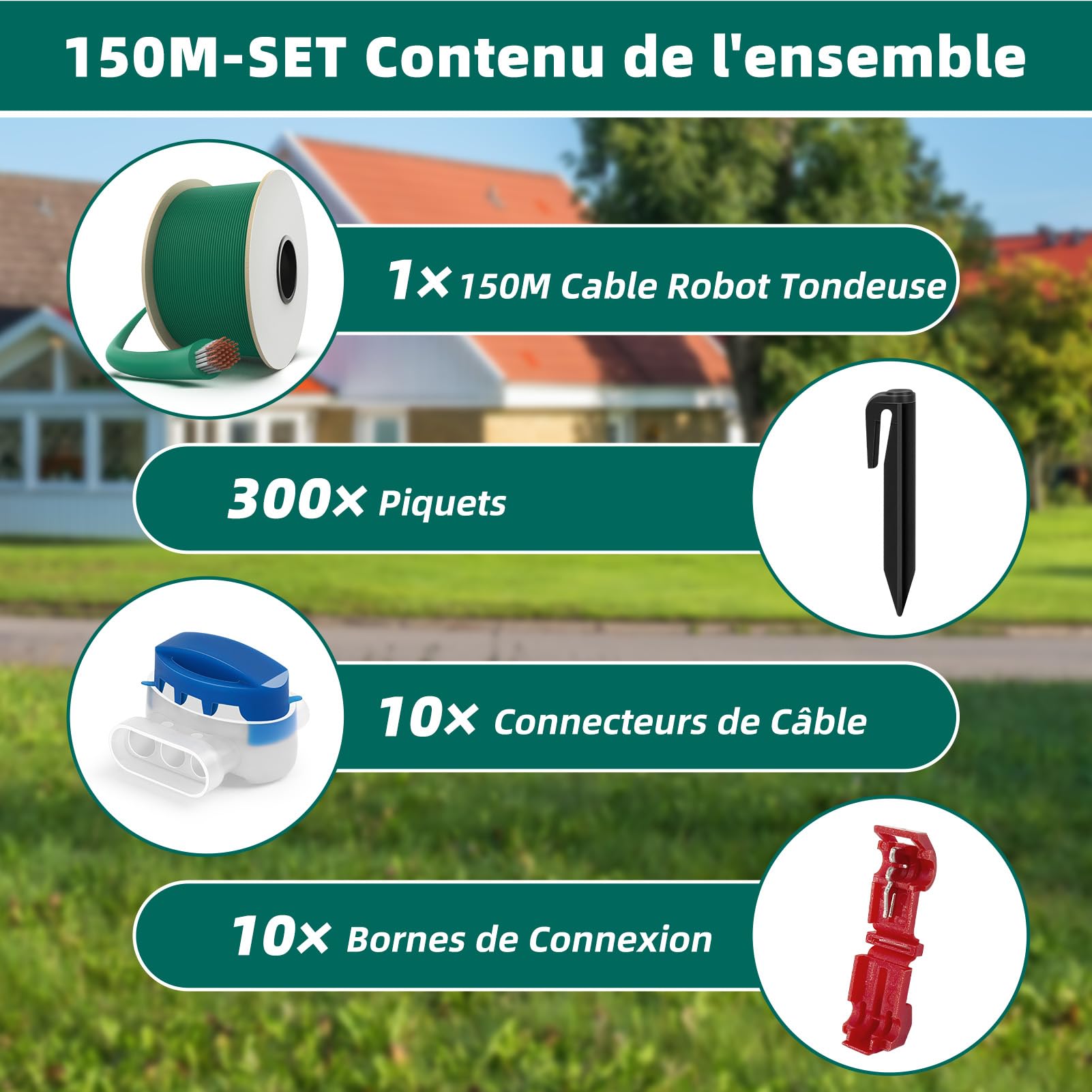 Hausprofi - Cable robot cortacésped (150 m, 300 estacas, 10 conectores de cable + 10 terminales de conexión, cable robot cortacésped, cable para robots cortacéspedes de Worx,Gardena, Bosch