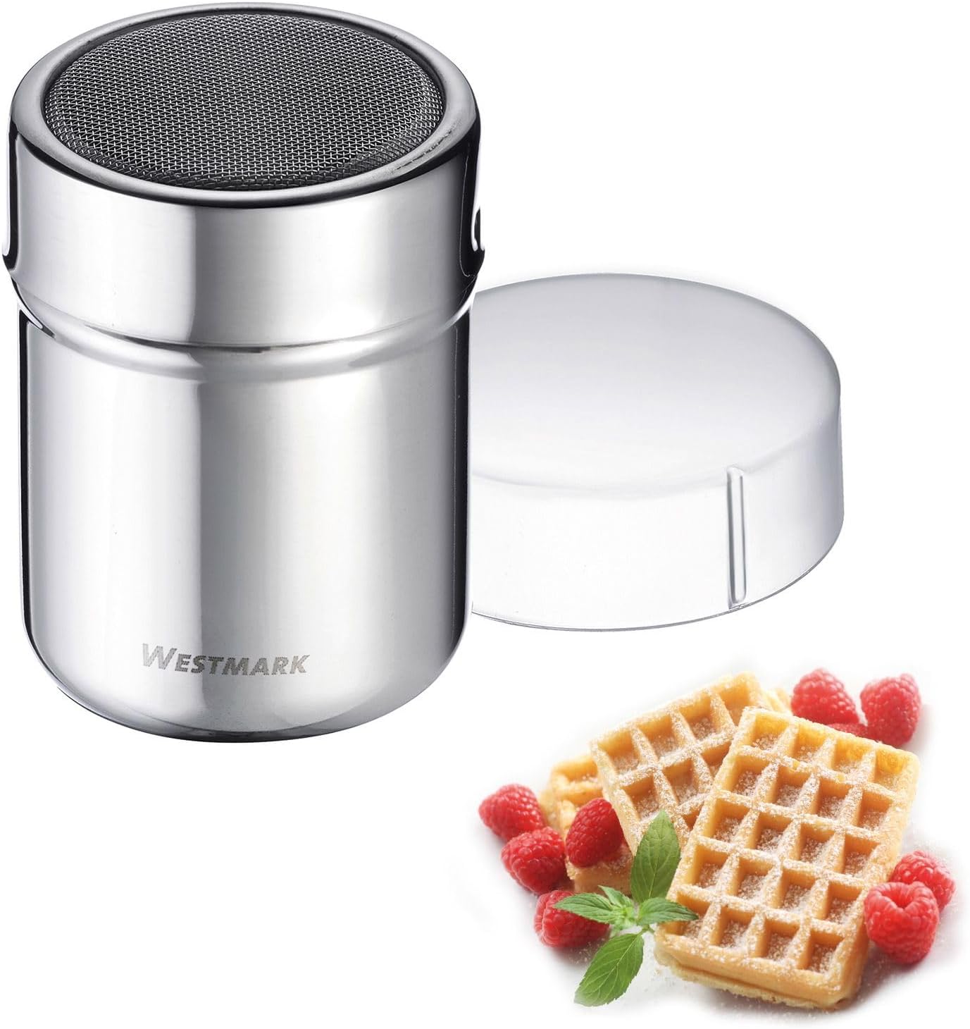 Westmark 2 x icing sugar shakers, fine flour sieve with one-handed operation, made of 100% stainless steel, set of 2, dishwasher safe, silver, 250 g volume, 321522E7