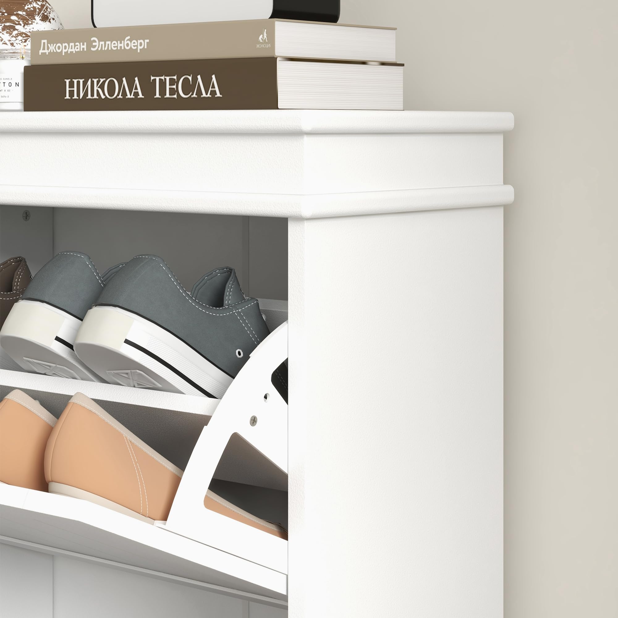 HOMCOM Mueble Zapatero con 4 Puertas Abatibles 54x24x82,5 cm Blanco | Zapatero Estrecho, Estantes Ajustables, para 20 Pares de Zapatos, Antivuelco, Entrada Recibidor Pasillo