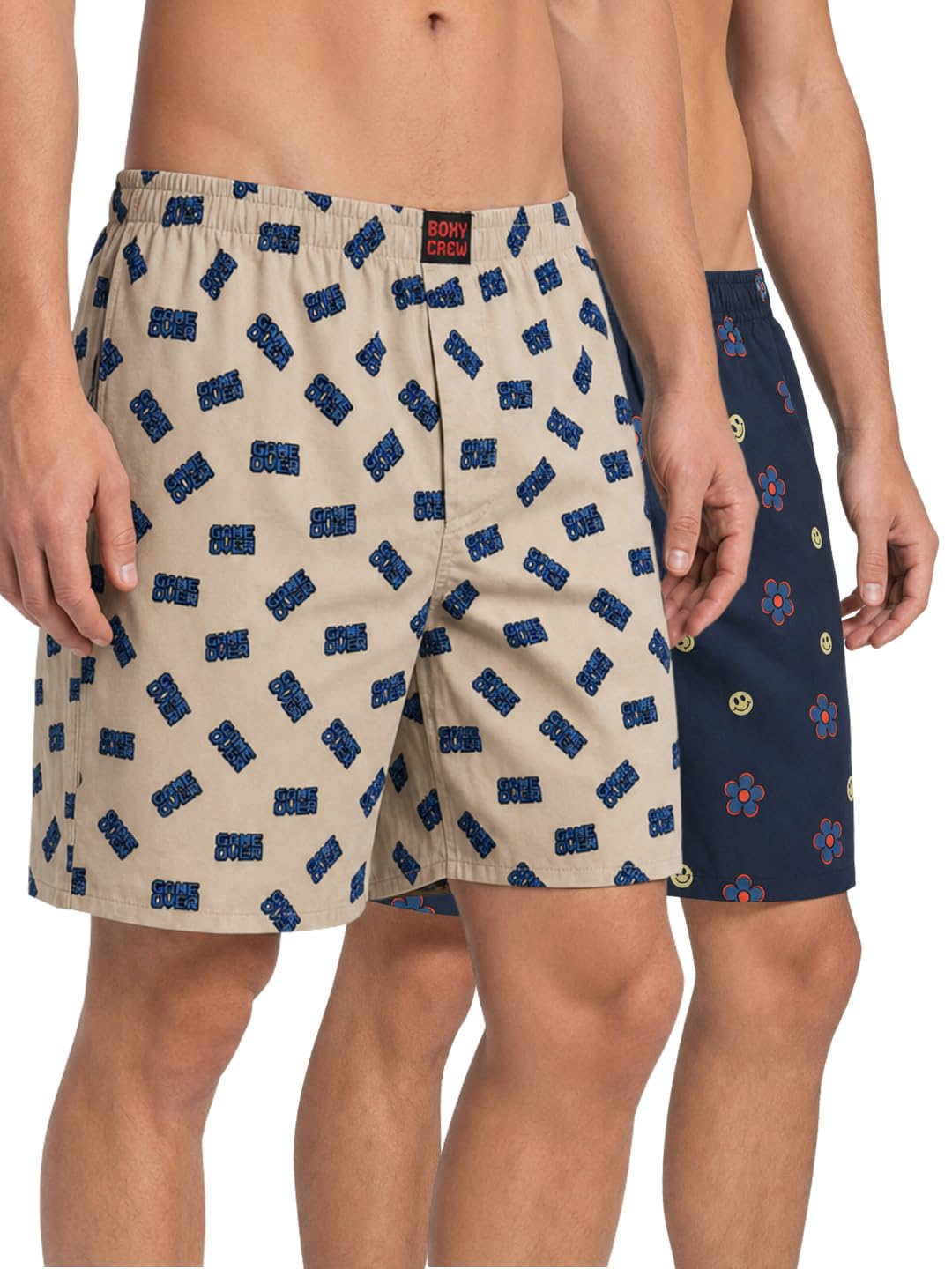 Men's 100% Cotton Printed Boxer Shorts Pack of 2 with Dual Side Pockets and Fabric-Covered Waistband - Beige/Navy Blue, Styles MBX019, MBX029-image-40