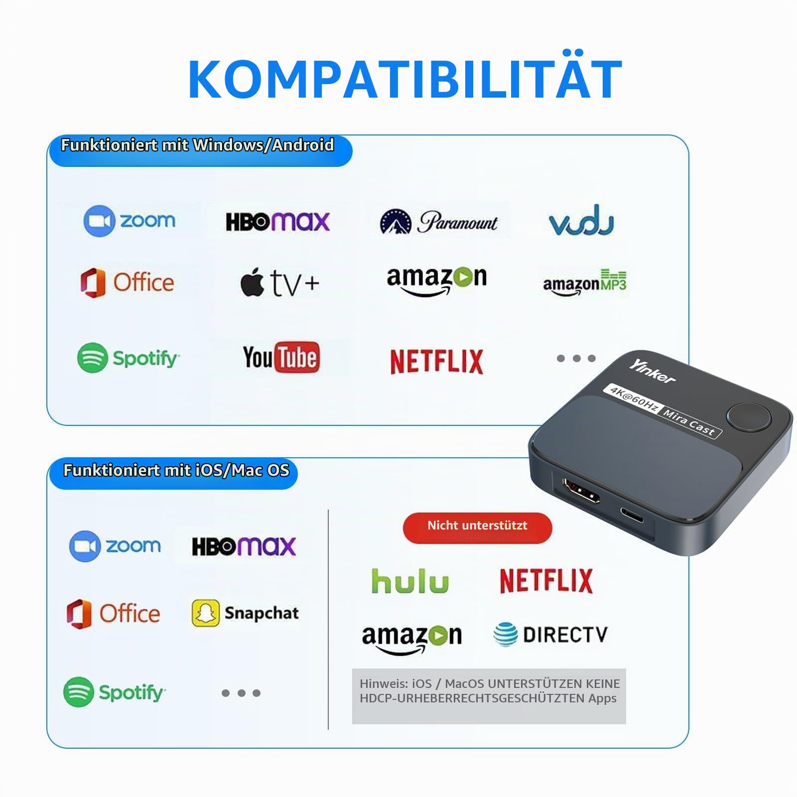 4K60Hz HDMI Wireless Dongle, Yinker 4K@60Hz 5G Miracast Adapter für iOS, MacOS, Android, Windows, Kompatibel mit Miracast, Airplay, DLNA Quer- oder Hochformat