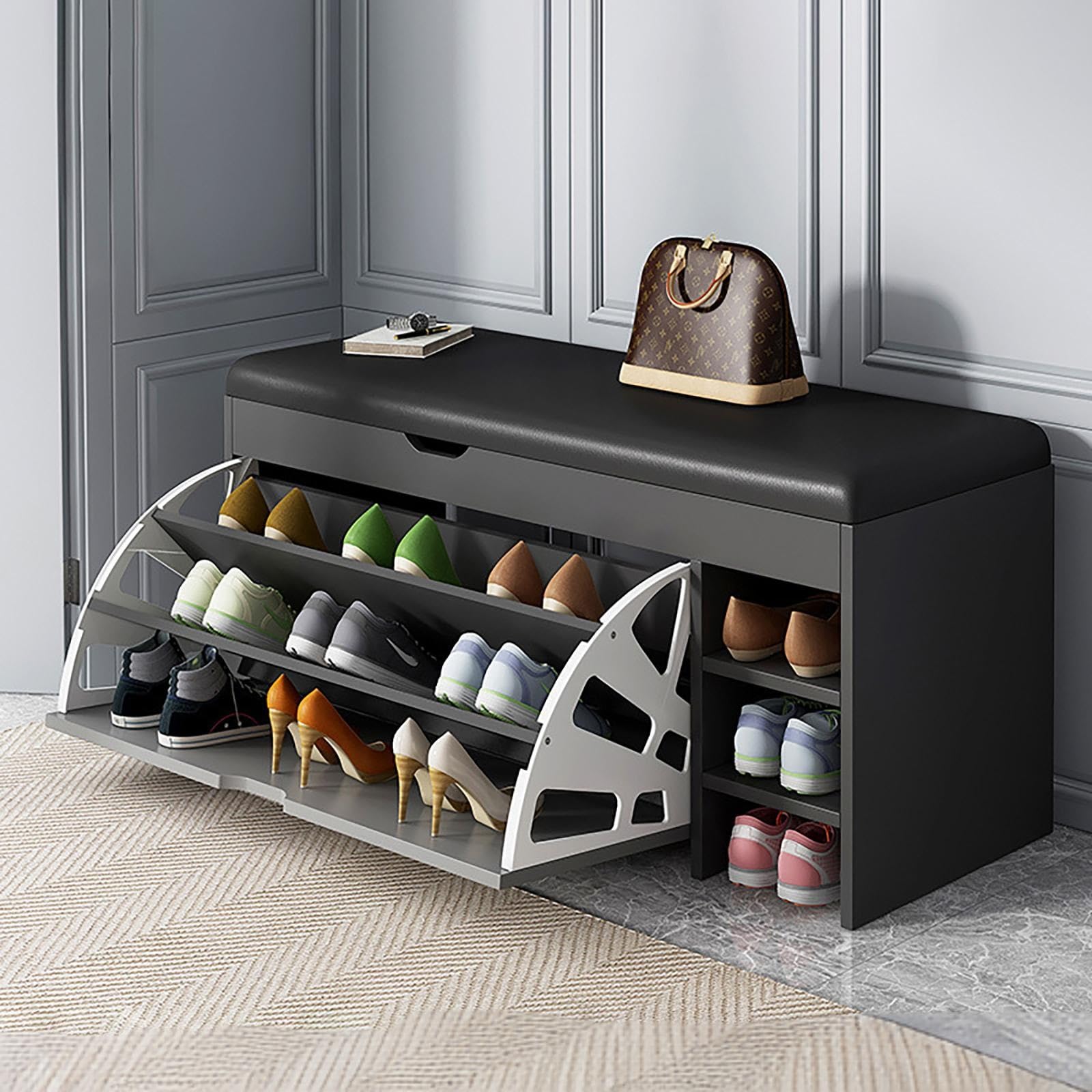 Pouf en bois pour couloir et meuble à chaussures 3 niveaux pour gain de place