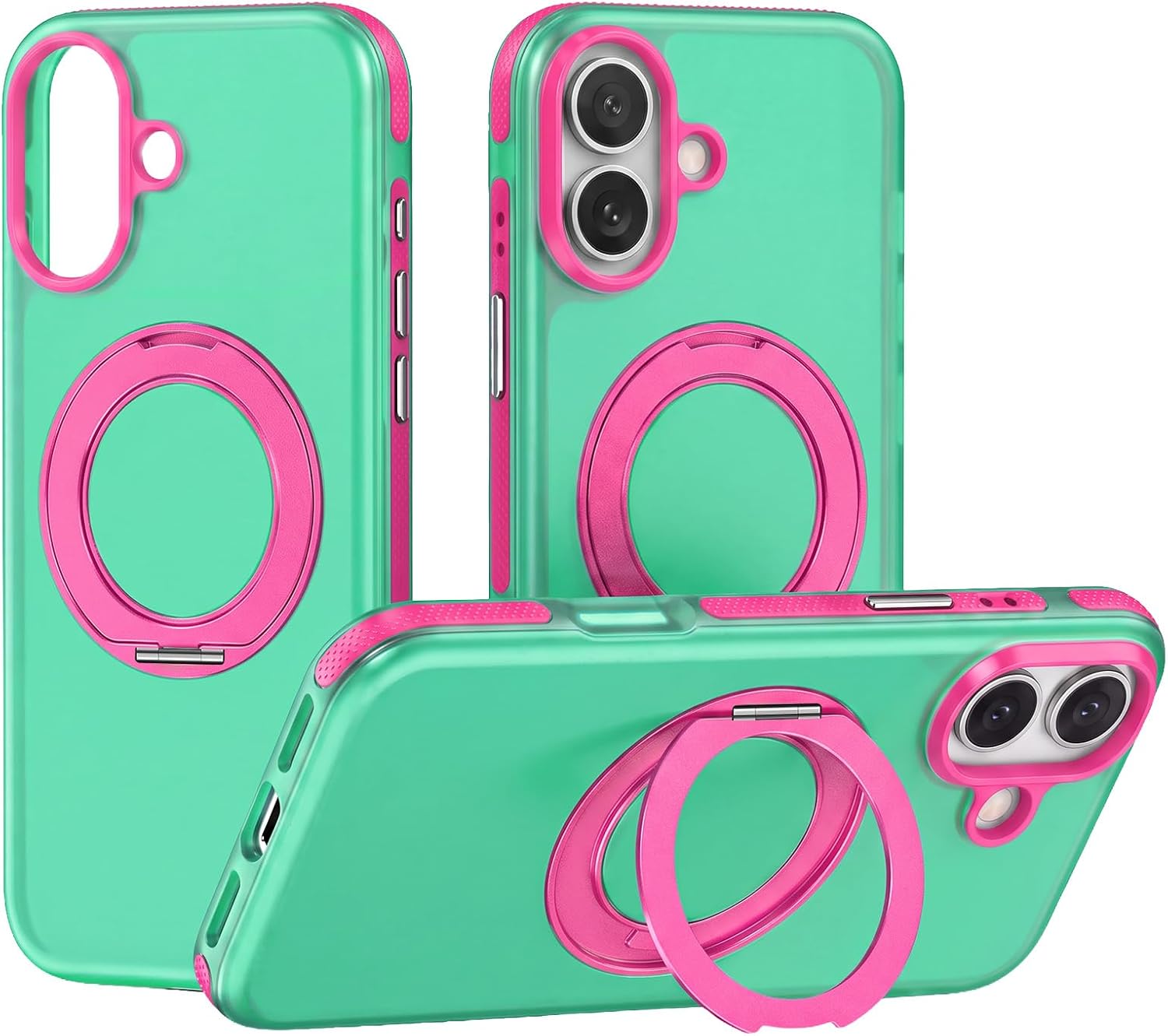 Compatible with iPhone 17 Case with Magnetic 360 Stand, Fit for MagSafe Shockproof Aesthetic Protective Case for Women Men-Matcha Green/Pink