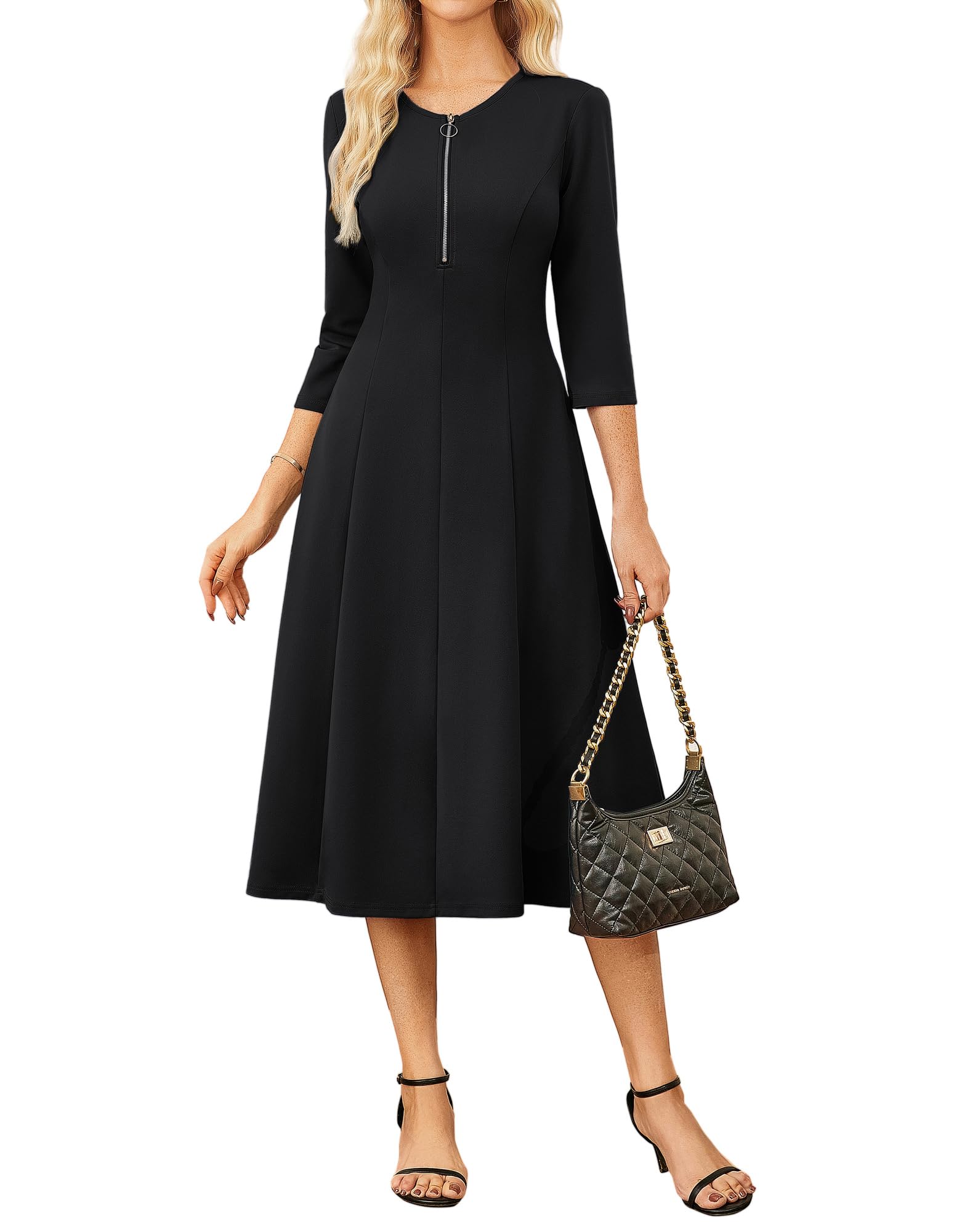 GRACE KARIN Womens 2025 Work Dress Zipper Front Funeral Dress 3 4 Sleeve Dresses with Pockets