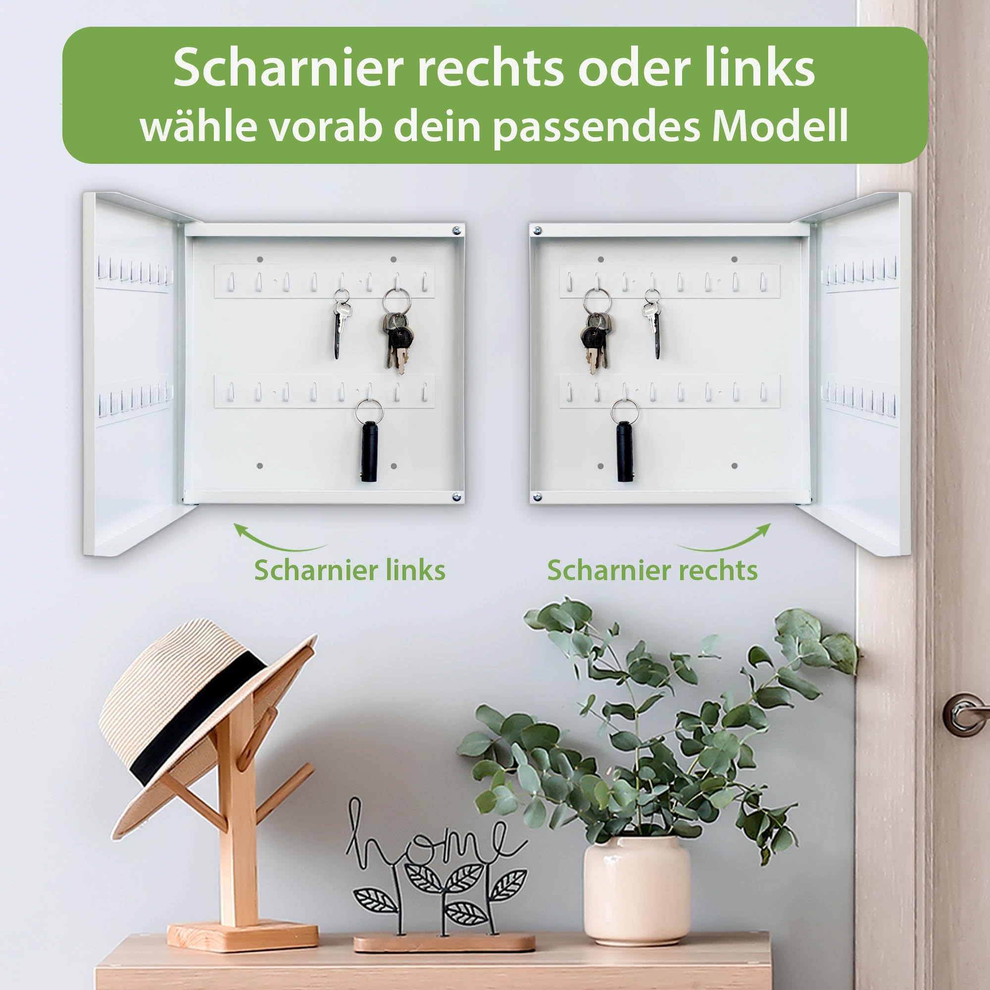 banjado Großer Schlüsselkasten Metall - Schlüsselbox 30x30cm beschreibbarer mit 32 Haken - Schlüsselkasten modern für Schlüsselaufbewahrung - Korpus Weiß Scharnier Rechts - Motiv Wunschmotiv