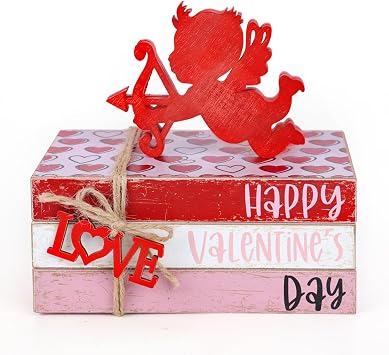 4 Pcs Valentine Decorations Valentine Wooden Sign Love Table Centerpiece Cupid Tiered Tray Decor Decorative Faux Book Stack Block for Coffee Table Fireplace Mantel Floating Shelf