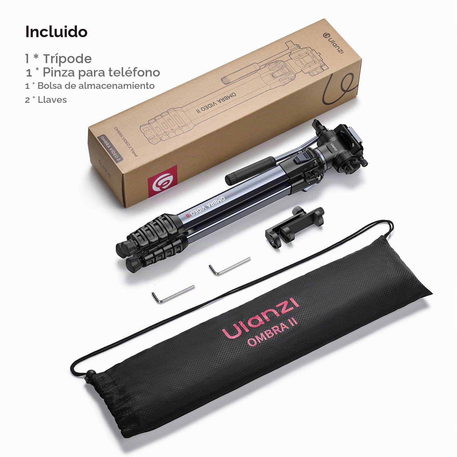 ULANZI Ombra Vídeo II Trípode para Cámara 157 cm con Cabezal Fluido, Giro de 360° e Inclinación de -70°/+90°, Trípode de Viaje con Soporte para Móvil, Compatible con Arca Swiss para DSLR, Móvil