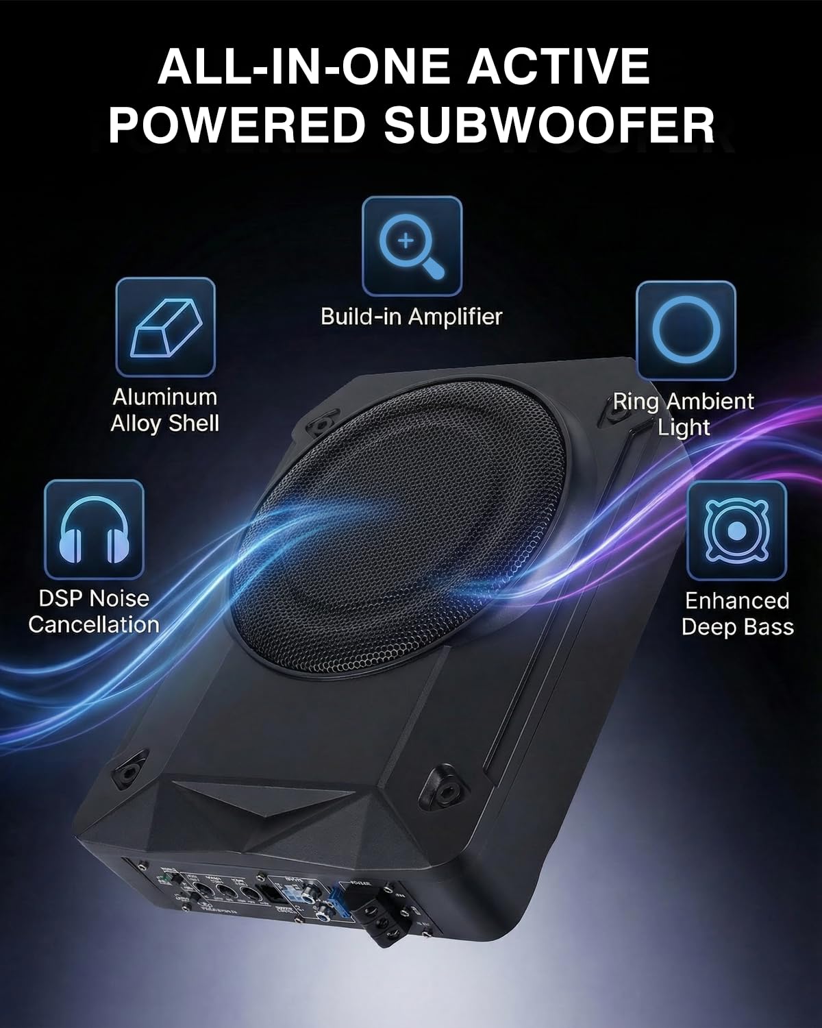 Subwoofer Attivo per Auto, Potenza Massima 800W, 8" Subwoofer Compatto da Installare Sotto il Sedile, Amplificatore Integrato, Subwoofer Chiuso, Nero, Compatibile con Diversi Modelli di Auto