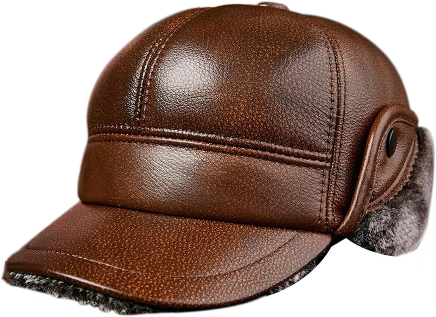 Men Leather Trapper Hat Trooper Winter Warm Hunting Hat Women Earflap Skiing Hat Cap Aviator Bomber Hats Baseball Cap (Brown-XL