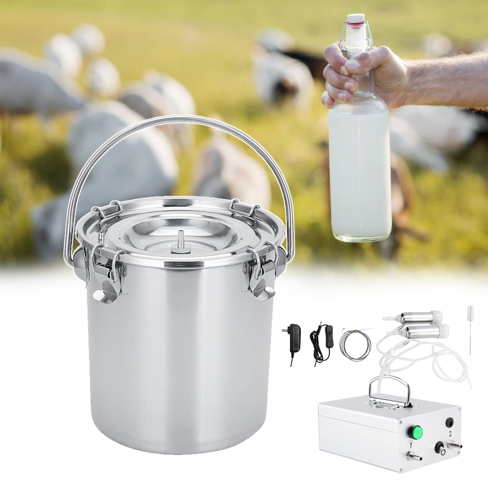 Ordeñadora eléctrica para vacas y cabras, cubo de acero inoxidable con bomba de vacío para suministros de ordeño agrícola