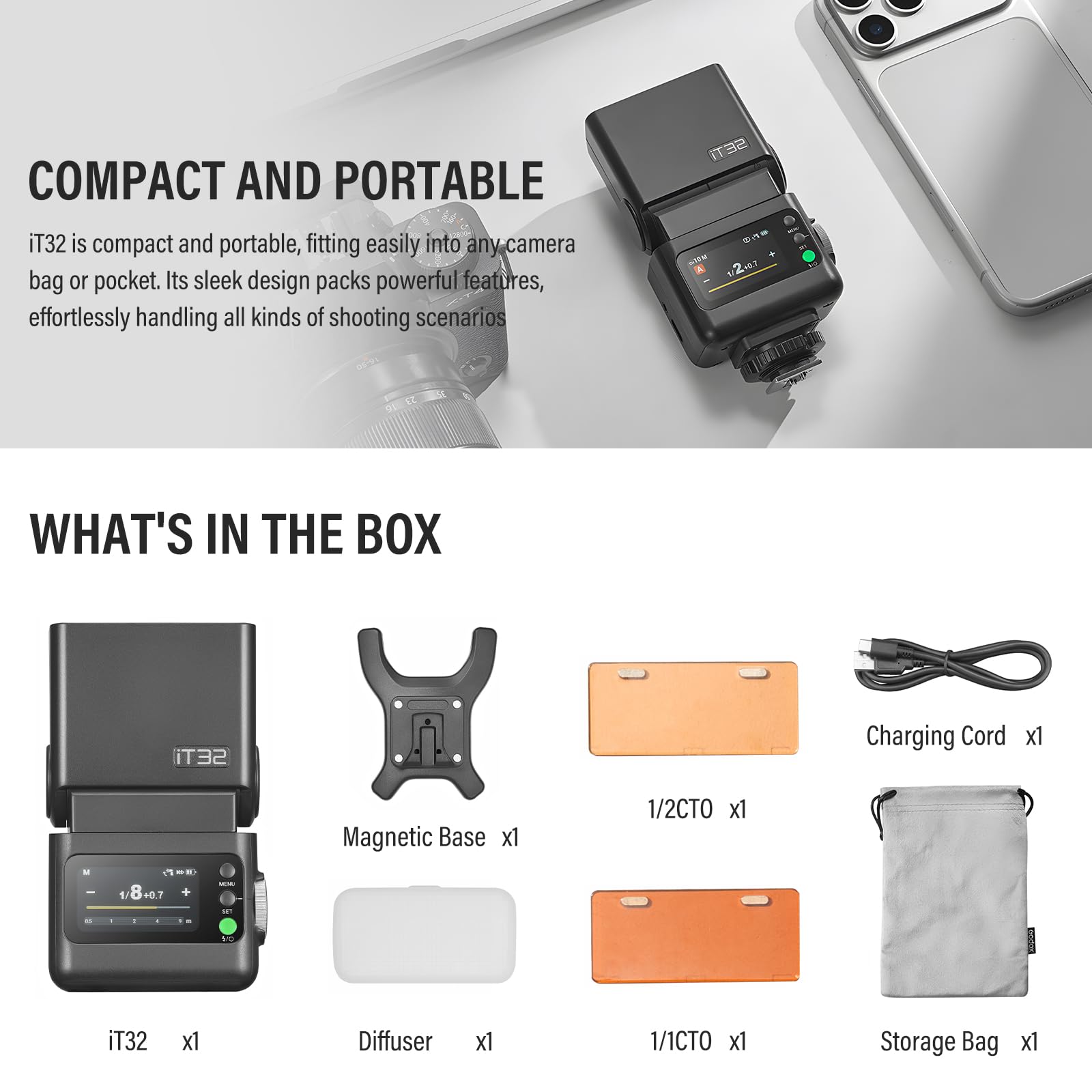 Godox IT32 TTL Flash per Fotocamera con Touchscreen 2,4 GHz Integrato GN18 Frequenza Massima Flash 100Hz e Illuminazione d'Atmosfera a LED integrata 510 flash a piena potenza