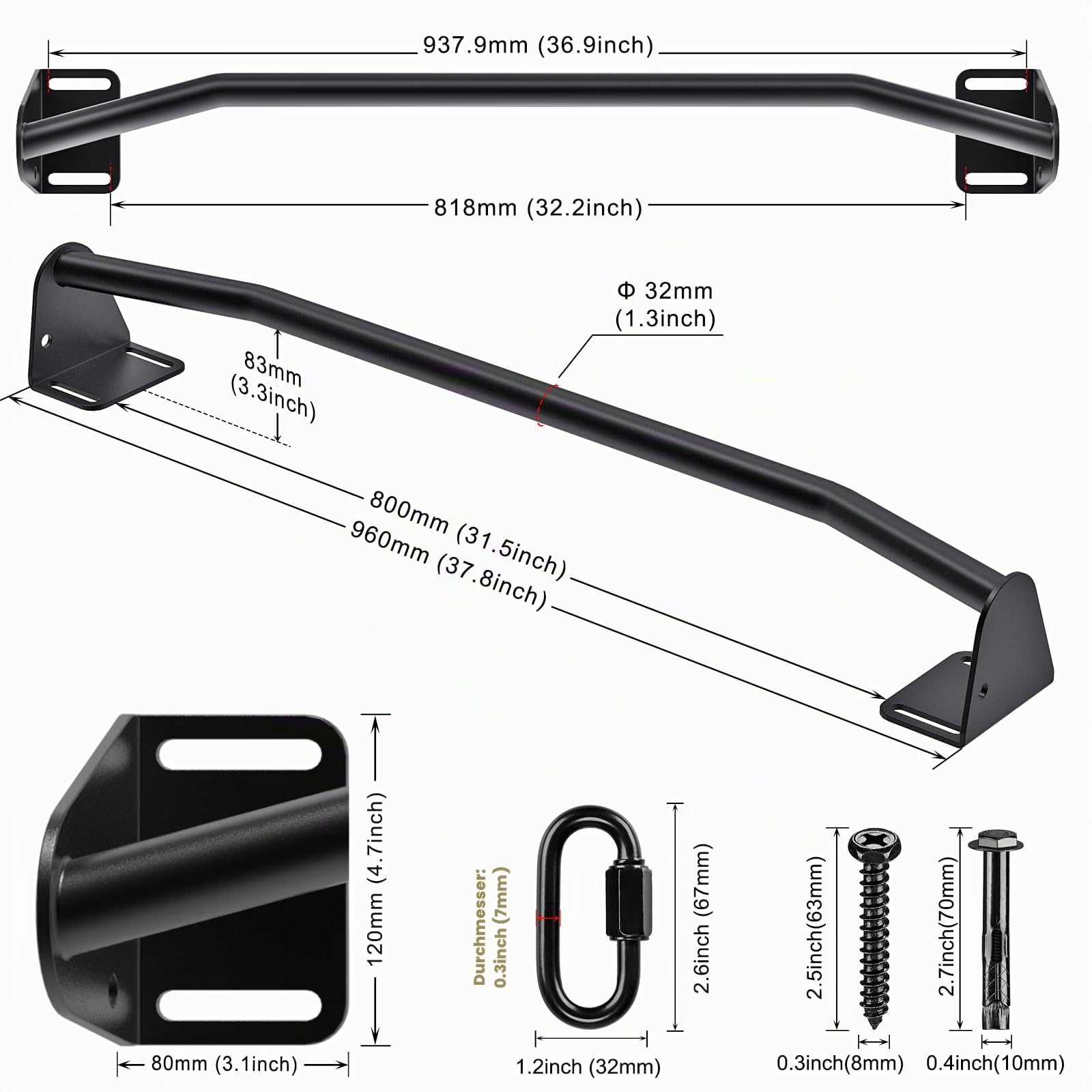 Kipika Heavy Duty Ceiling Mounted Pull Up Bar, Highly Adjustable, Multifunctional Chin Up Bar