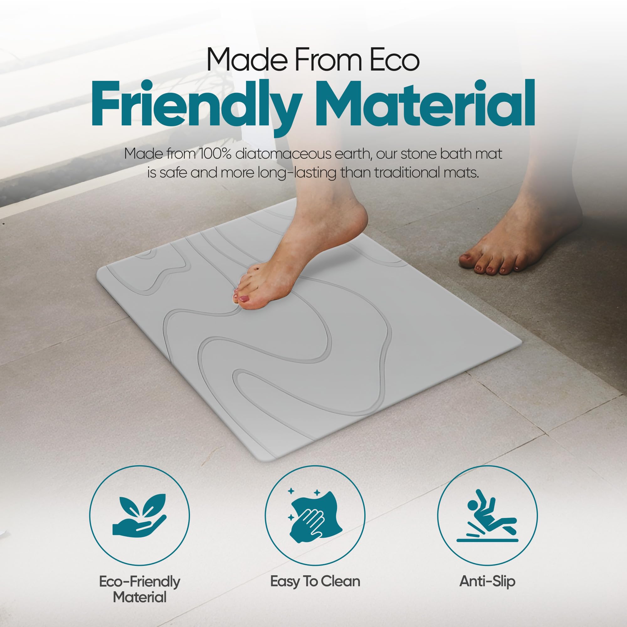 HALAS Alfombrilla de baño de piedra de tierra de diatomeas, antideslizante, superabsorbente, de piedra de diatomita, para suelo de baño/cocina, secado rápido, natural, fácil de limpiar (61 x 40 cm