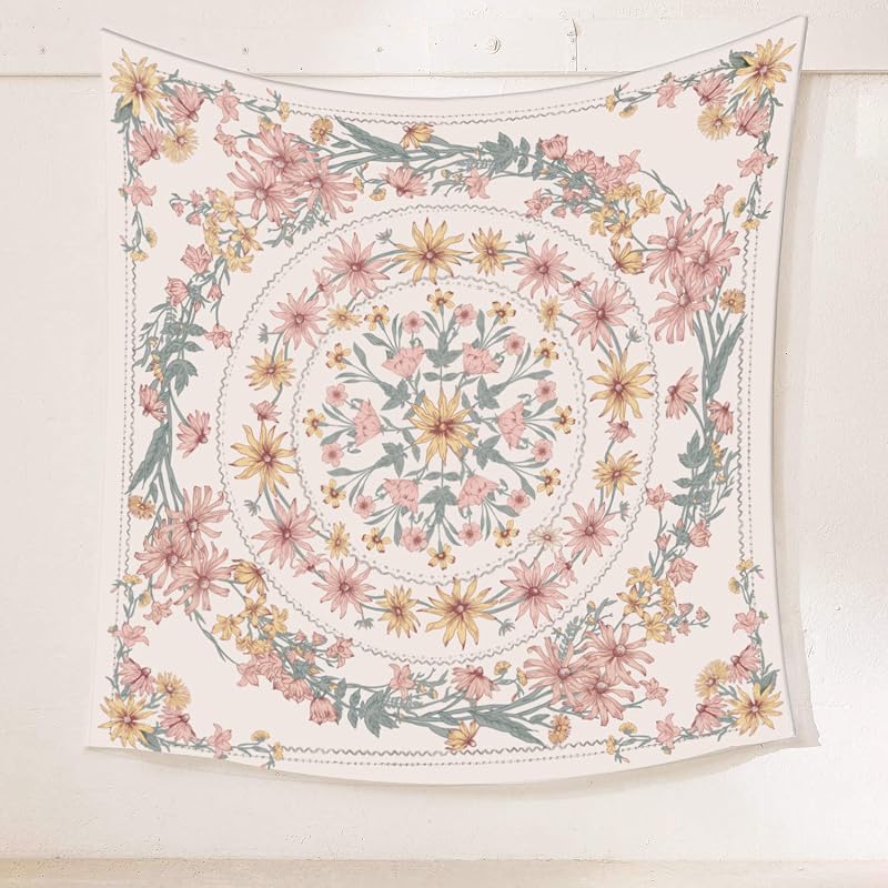 Simpkeely Tapiz con medallón floral de mandala, planta bohemia para colgar en la pared, tapices bohemios para dormitorio, sala de estar, dormitorio, decoración del hogar, 59,1 x 59,1 pulgadas (marrón rosado)