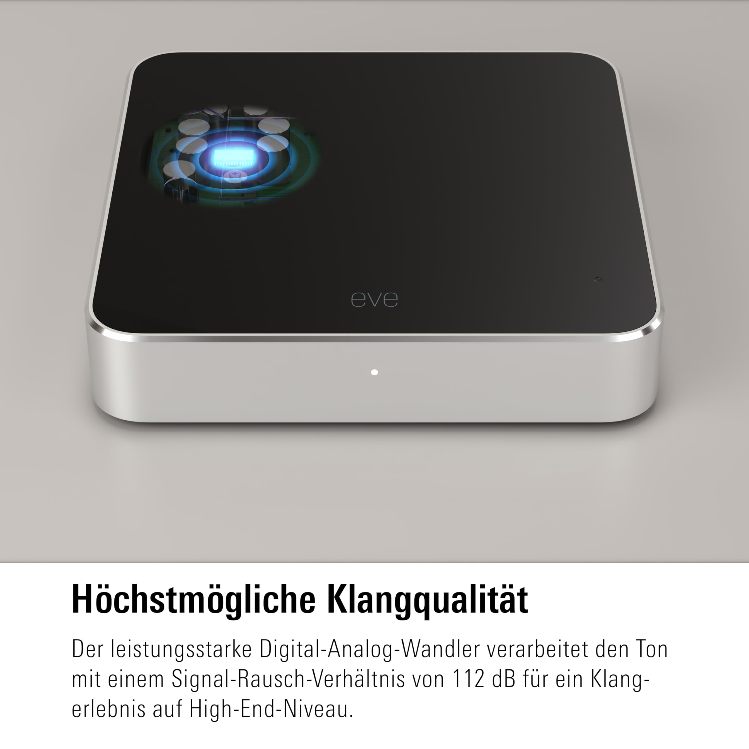 Eve Play (Apple Home) – Audiostreaming Adapter für AirPlay, Automatischer Latenzausgleich, Leistungsstarker Digital-Analog-Wandler, DREI Audioausgänge, Ethernet und WiFi