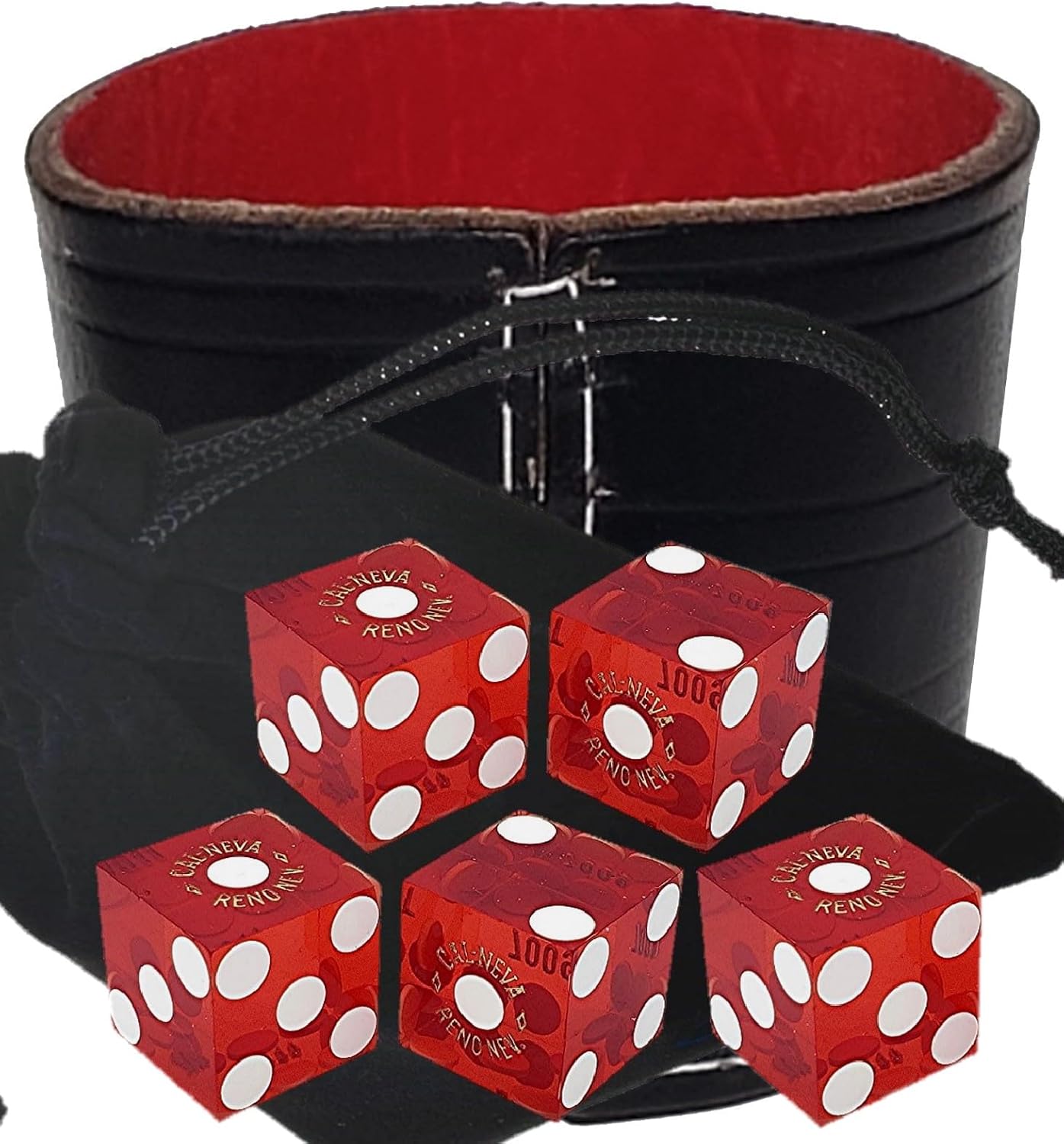 Authentic Casino Dice w/Pouch + Genuine Leather Cup Wide Opening (Red Felt Lining, Reno Cal Neva Red Polished)