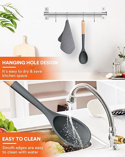 Miniatura 6 de Cucharas de cocina grandes de silicona, cuchara antiadherente con mango de madera maciza, cucharas de cocina de silicona resistentes al calor para