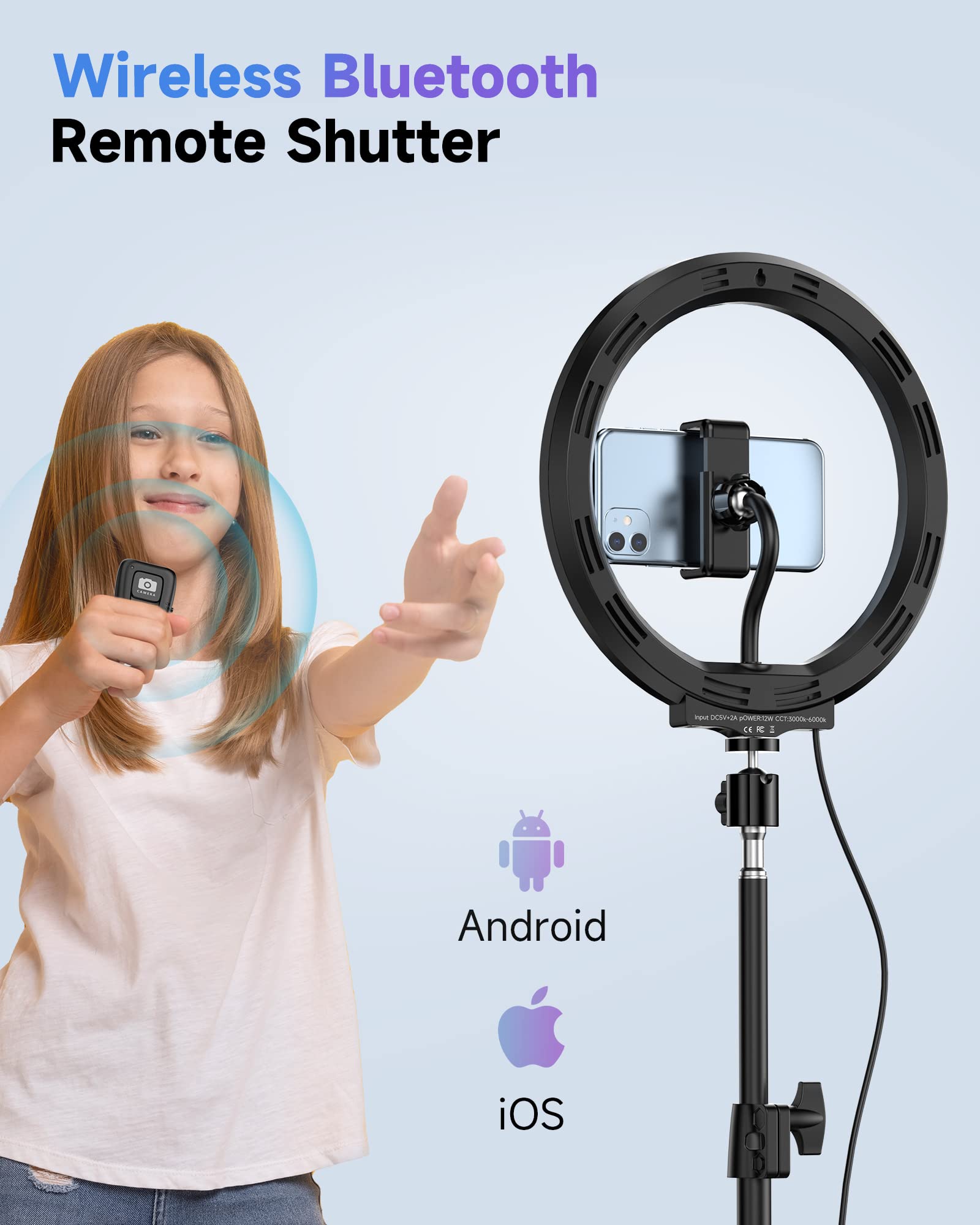QIUOIO Ring Light con Treppiede Alto, 35 Modalità RGB, 3 Effetti Luce, 10 Luminosità Regolabile, per Smartphone Shooting