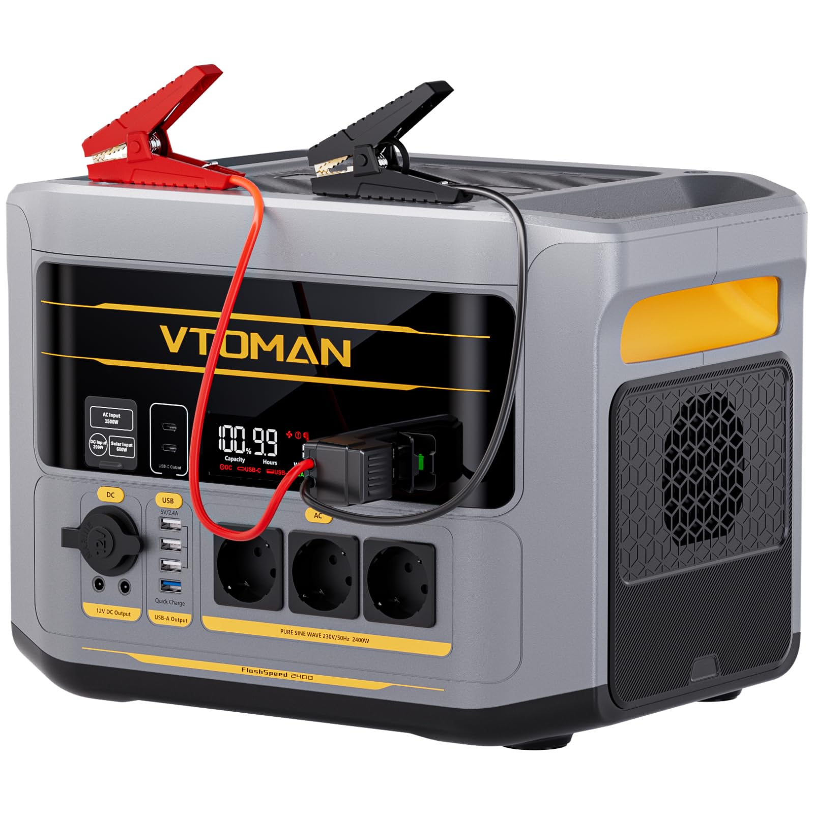 VTOMAN FlashSpeed 2400 - Stazione di alimentazione portatile con cavo di avviamento, 2400 W CA (picco di 3200 W), batteria LiFePO₄ da 1408 Wh, espandibile fino a 2688 Wh, ricarica rapida in 1 ora