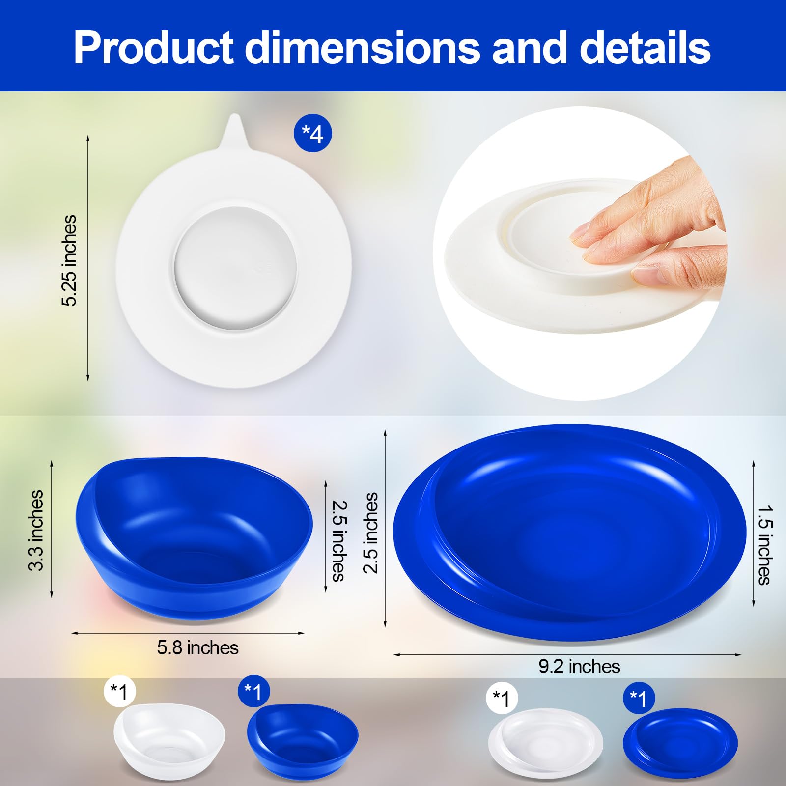 Hushee Juego de 2 cuencos y platos adaptativos a prueba de derrames con base de succión antideslizante para ancianos, discapacitados y discapacitados de Parkinsons Tremor (blanco y azul)