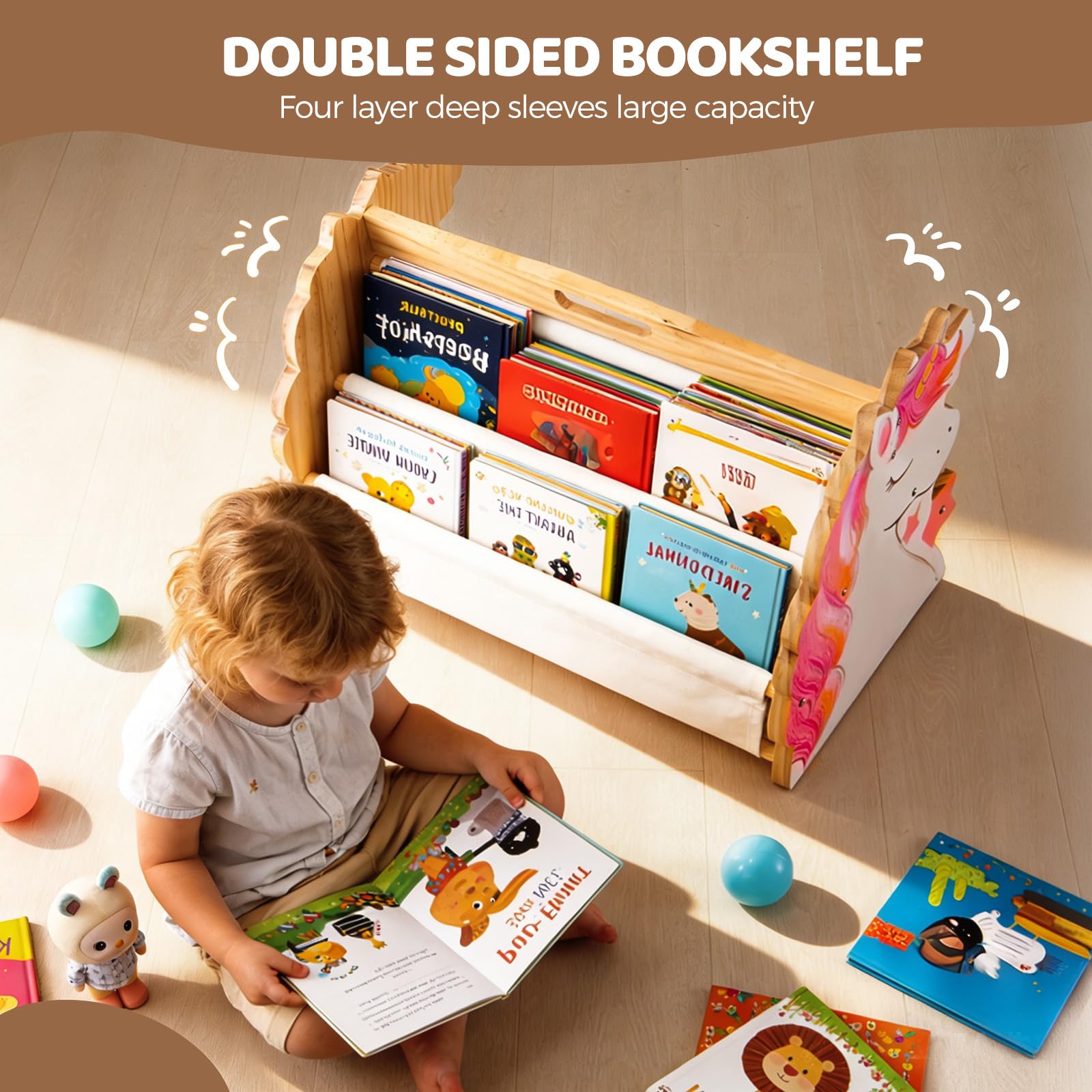 Libreria per bambini in legno a 2 ripiani, Libreria Montessoriana per Bambini, Scaffalatura Espositore da Cameretta, organizer per libri con maniglia, scaffale organizer per Cameretta e Stanza (02)