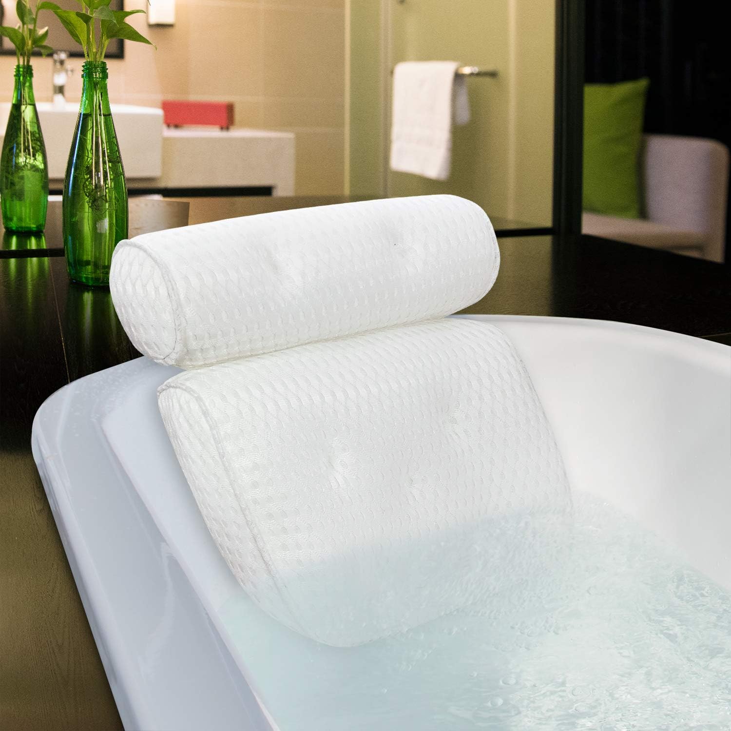 Newliton Bath Pillow, Luxury 4D Air Mesh Bathtub Spa Pillow with 7 Suction Cups Non-Slip and Waterproof Spa Back Cushion for Head, Back and Neck Support