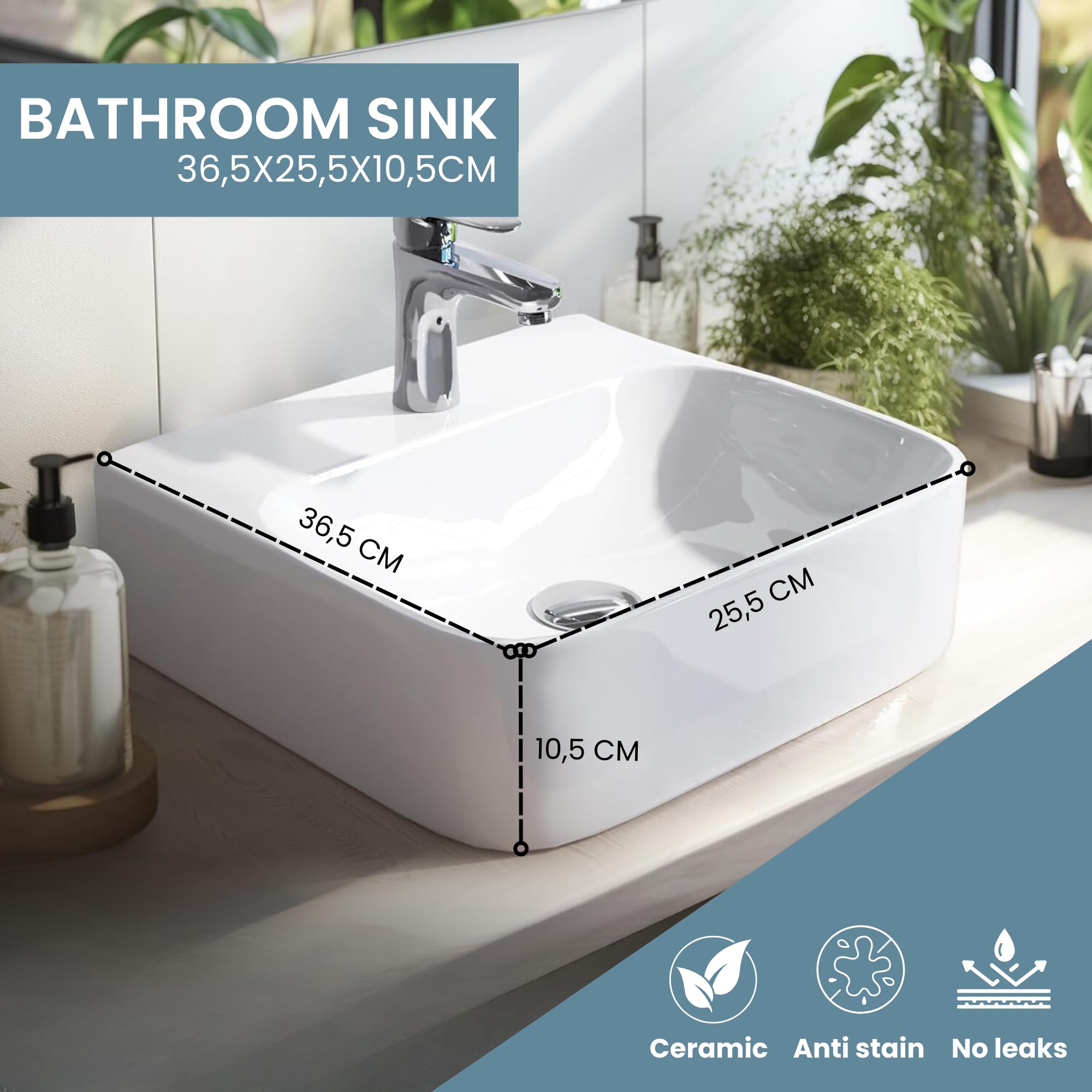 MAGIC SELECT Lavabo en Céramique, Vasque a Poser Blanc, Lavabo de Toilette Anti-Taches, Facile à Nettoyer avec Connexions Standard. Idéal pour la Cuisine ou la Salle de Bain. (36,5x25,5x10,5 CM)
